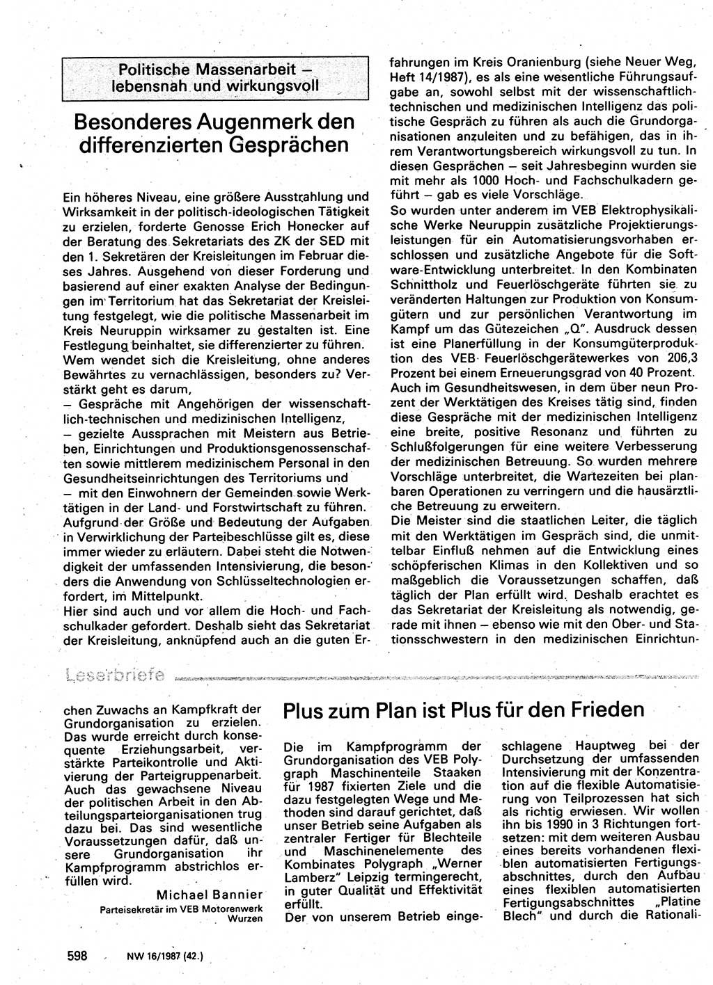 Neuer Weg (NW), Organ des Zentralkomitees (ZK) der SED (Sozialistische Einheitspartei Deutschlands) für Fragen des Parteilebens, 42. Jahrgang [Deutsche Demokratische Republik (DDR)] 1987, Seite 598 (NW ZK SED DDR 1987, S. 598)