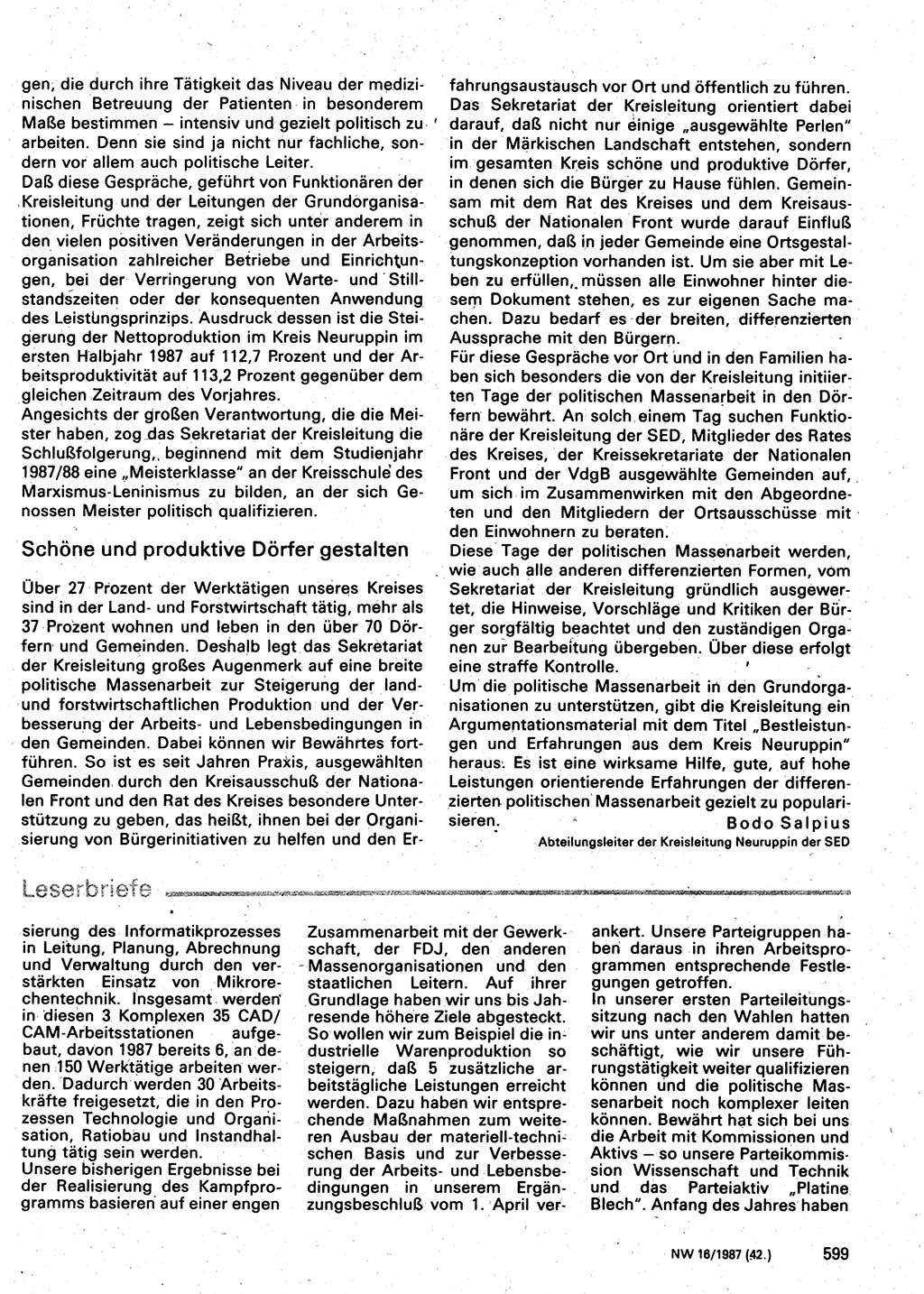 Neuer Weg (NW), Organ des Zentralkomitees (ZK) der SED (Sozialistische Einheitspartei Deutschlands) für Fragen des Parteilebens, 42. Jahrgang [Deutsche Demokratische Republik (DDR)] 1987, Seite 599 (NW ZK SED DDR 1987, S. 599)
