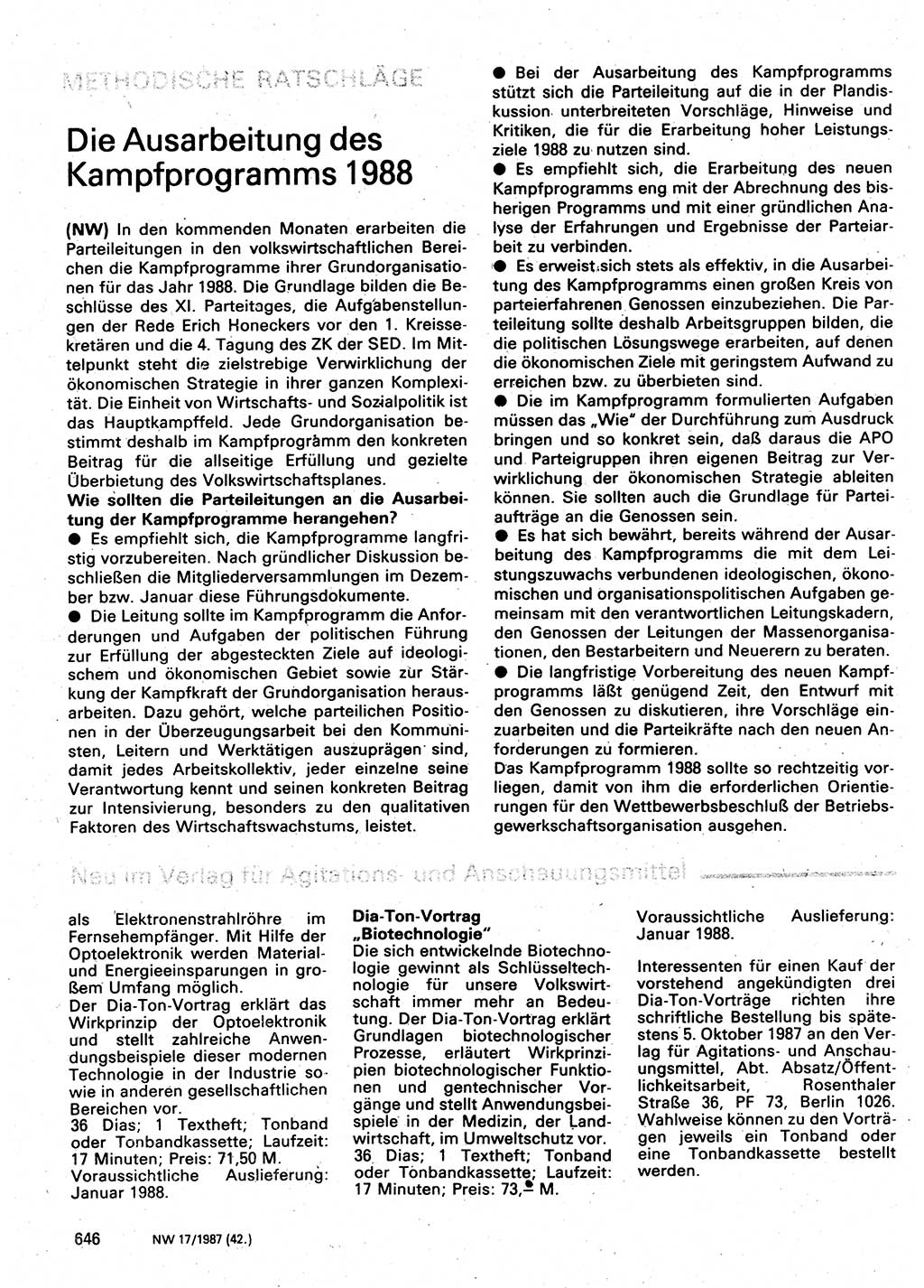 Neuer Weg (NW), Organ des Zentralkomitees (ZK) der SED (Sozialistische Einheitspartei Deutschlands) für Fragen des Parteilebens, 42. Jahrgang [Deutsche Demokratische Republik (DDR)] 1987, Seite 646 (NW ZK SED DDR 1987, S. 646)