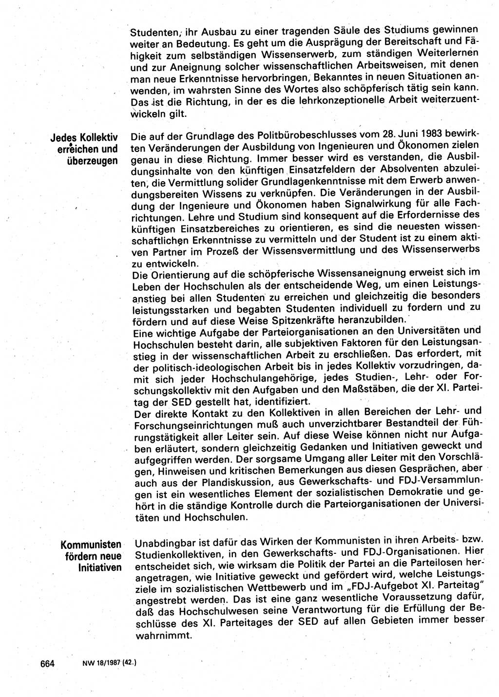 Neuer Weg (NW), Organ des Zentralkomitees (ZK) der SED (Sozialistische Einheitspartei Deutschlands) für Fragen des Parteilebens, 42. Jahrgang [Deutsche Demokratische Republik (DDR)] 1987, Seite 664 (NW ZK SED DDR 1987, S. 664)