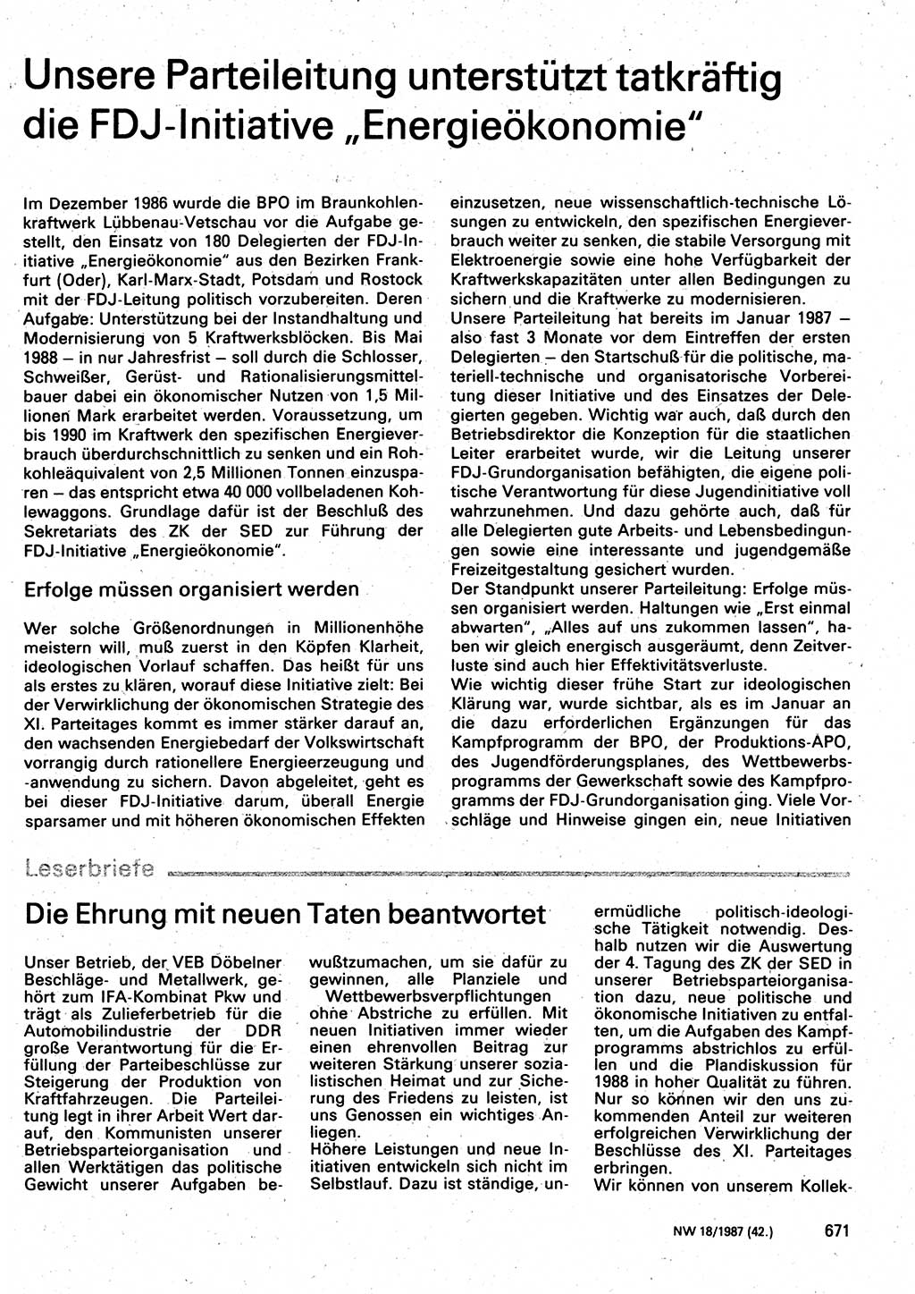 Neuer Weg (NW), Organ des Zentralkomitees (ZK) der SED (Sozialistische Einheitspartei Deutschlands) für Fragen des Parteilebens, 42. Jahrgang [Deutsche Demokratische Republik (DDR)] 1987, Seite 671 (NW ZK SED DDR 1987, S. 671)