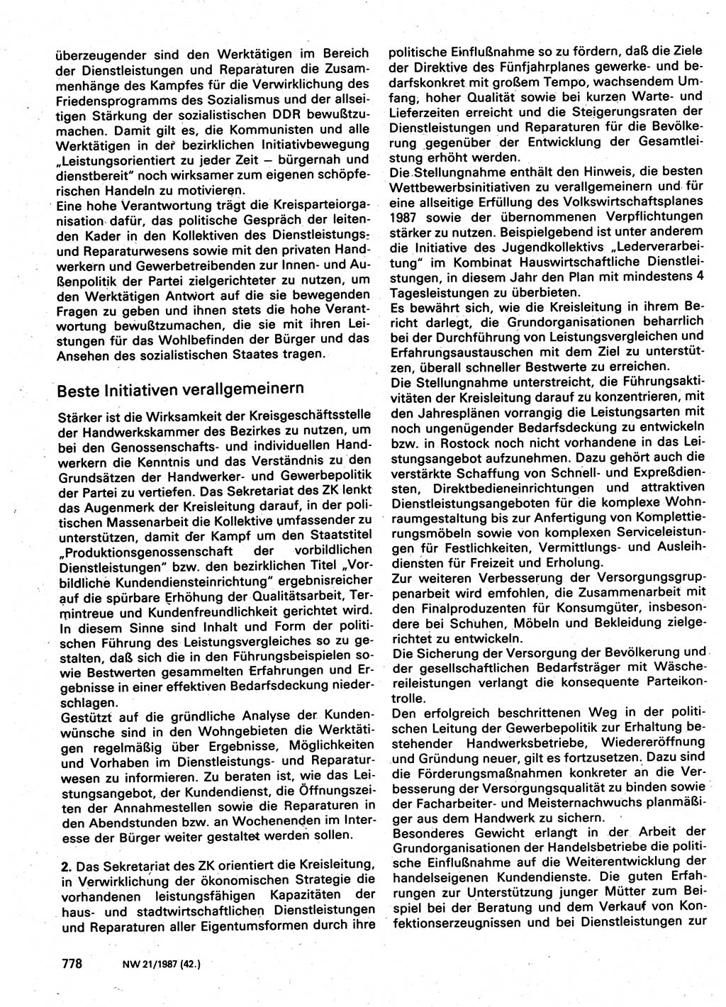 Neuer Weg (NW), Organ des Zentralkomitees (ZK) der SED (Sozialistische Einheitspartei Deutschlands) für Fragen des Parteilebens, 42. Jahrgang [Deutsche Demokratische Republik (DDR)] 1987, Seite 778 (NW ZK SED DDR 1987, S. 778)