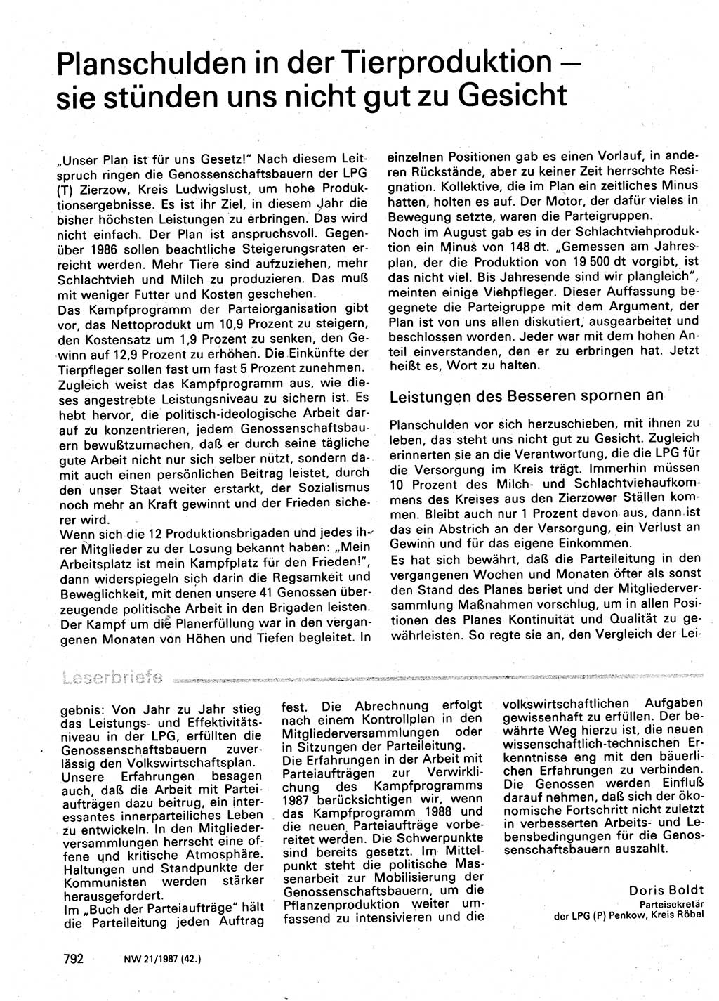 Neuer Weg (NW), Organ des Zentralkomitees (ZK) der SED (Sozialistische Einheitspartei Deutschlands) für Fragen des Parteilebens, 42. Jahrgang [Deutsche Demokratische Republik (DDR)] 1987, Seite 792 (NW ZK SED DDR 1987, S. 792)