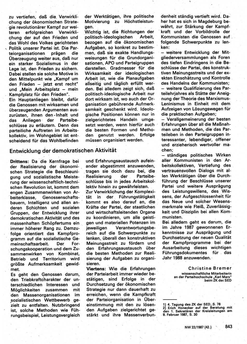 Neuer Weg (NW), Organ des Zentralkomitees (ZK) der SED (Sozialistische Einheitspartei Deutschlands) für Fragen des Parteilebens, 42. Jahrgang [Deutsche Demokratische Republik (DDR)] 1987, Seite 843 (NW ZK SED DDR 1987, S. 843)