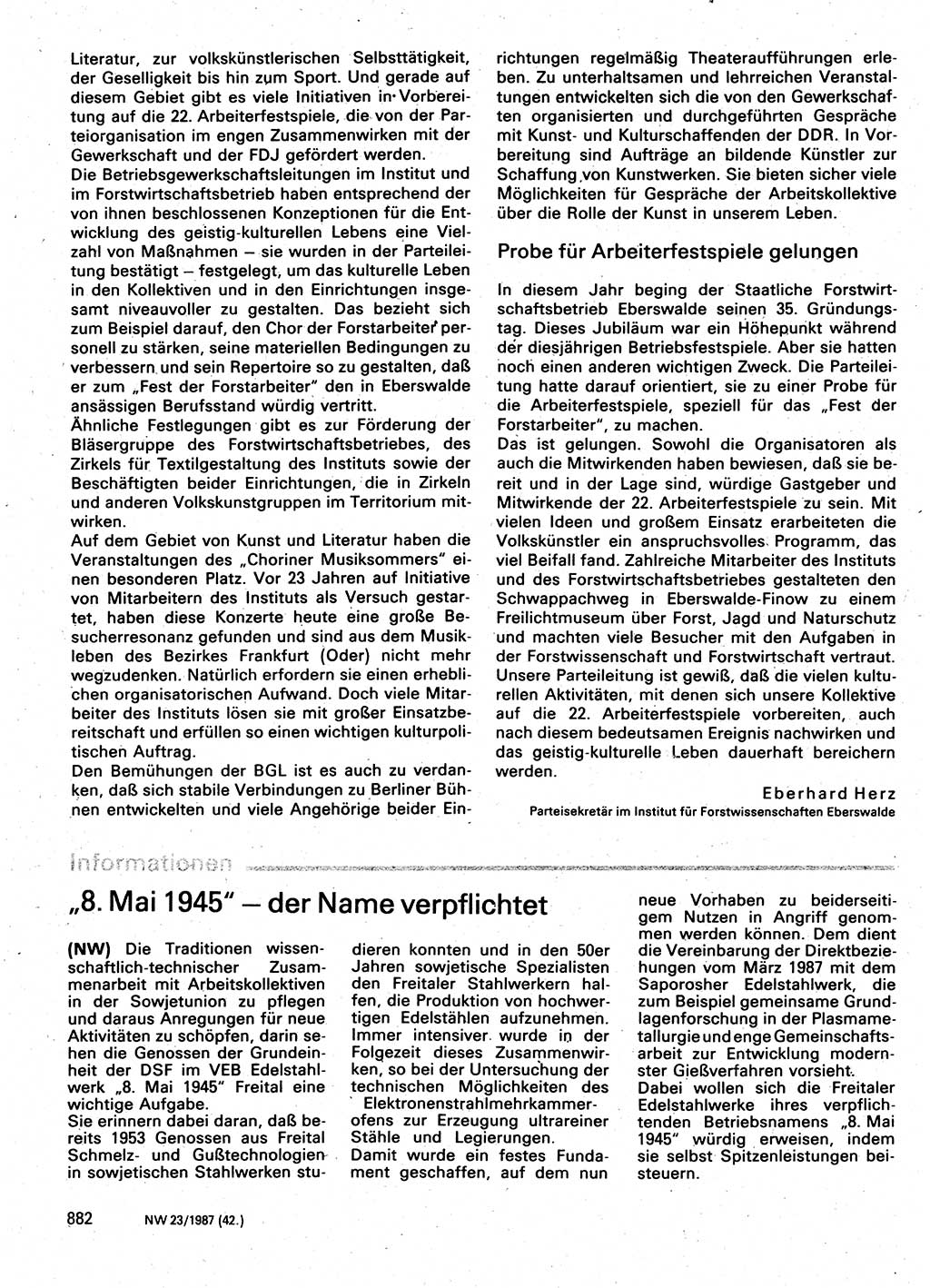 Neuer Weg (NW), Organ des Zentralkomitees (ZK) der SED (Sozialistische Einheitspartei Deutschlands) für Fragen des Parteilebens, 42. Jahrgang [Deutsche Demokratische Republik (DDR)] 1987, Seite 882 (NW ZK SED DDR 1987, S. 882)