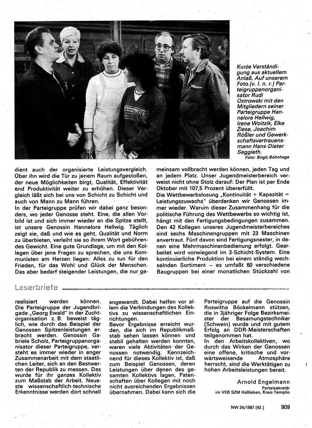 Neuer Weg (NW), Organ des Zentralkomitees (ZK) der SED (Sozialistische Einheitspartei Deutschlands) für Fragen des Parteilebens, 42. Jahrgang [Deutsche Demokratische Republik (DDR)] 1987, Seite 909 (NW ZK SED DDR 1987, S. 909)