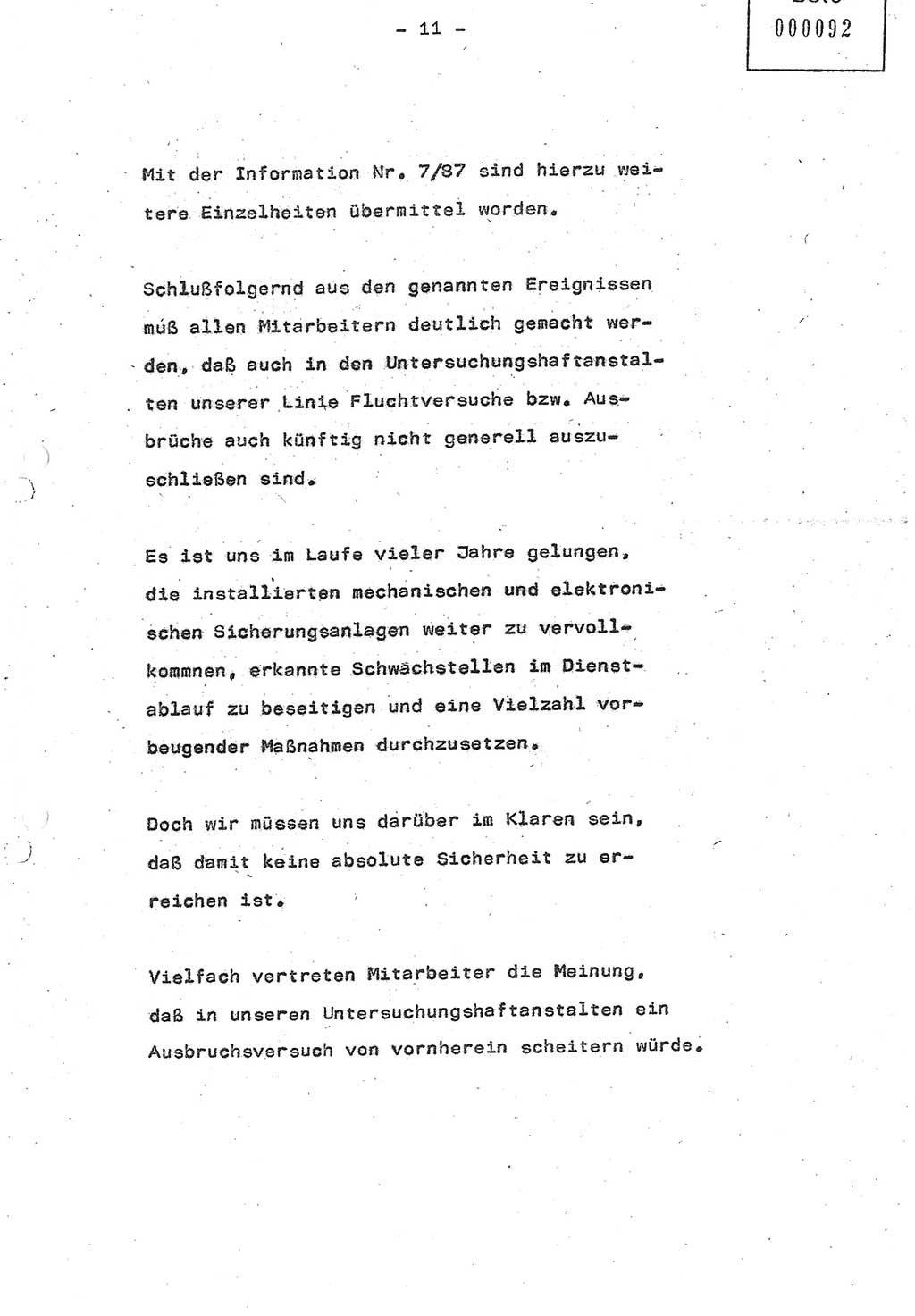 Referat (Oberst Siegfried Rataizick) auf der Dienstberatung mit den Leitern der Abteilungen der Abteilung ⅩⅣ des MfS [Ministerium für Staatssicherheit] Berlin und den Leitern der Abteilungen ⅩⅣ der Bezirksverwaltungen (BV) am 3.12.1987, Ministerium für Staatssicherheit [Deutsche Demokratische Republik (DDR)], Abteilung (Abt.) XIV, Berlin, 28.11.1987, Seite 11 (Ref. Di.-Ber. Ltr. Abt. ⅩⅣ MfS DDR 1987, S. 11)