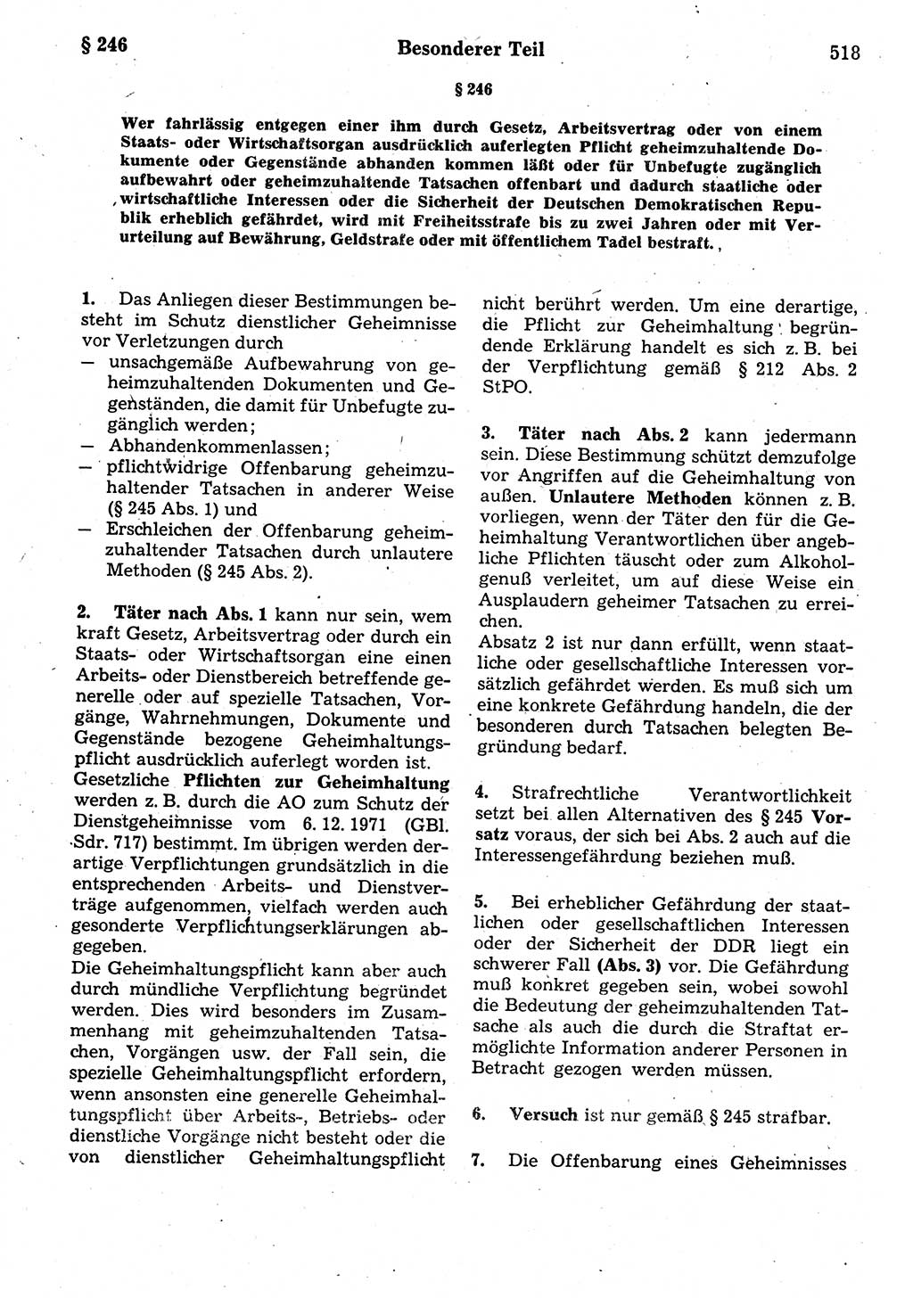 Strafrecht der Deutschen Demokratischen Republik (DDR), Kommentar zum Strafgesetzbuch (StGB) 1987, Seite 518 (Strafr. DDR Komm. StGB 1987, S. 518)