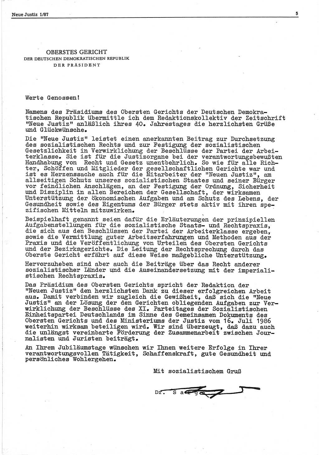 Neue Justiz (NJ), Zeitschrift für sozialistisches Recht und Gesetzlichkeit [Deutsche Demokratische Republik (DDR)], 41. Jahrgang 1987, Seite 5 (NJ DDR 1987, S. 5)