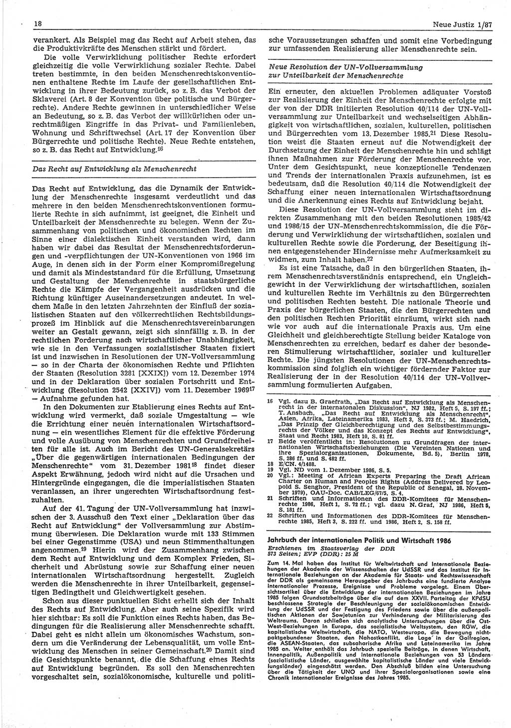 Neue Justiz (NJ), Zeitschrift für sozialistisches Recht und Gesetzlichkeit [Deutsche Demokratische Republik (DDR)], 41. Jahrgang 1987, Seite 18 (NJ DDR 1987, S. 18)