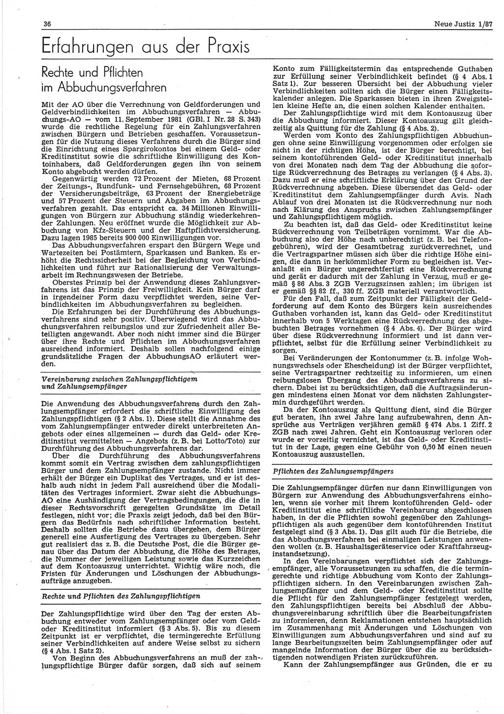 Neue Justiz (NJ), Zeitschrift für sozialistisches Recht und Gesetzlichkeit [Deutsche Demokratische Republik (DDR)], 41. Jahrgang 1987, Seite 36 (NJ DDR 1987, S. 36)