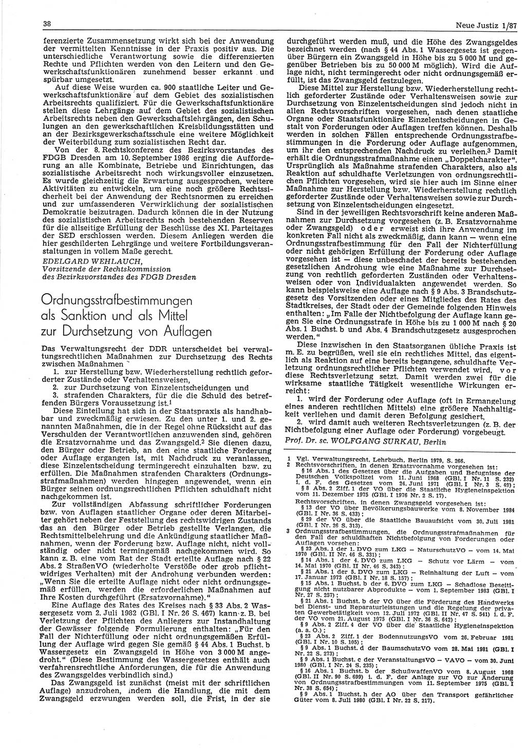 Neue Justiz (NJ), Zeitschrift für sozialistisches Recht und Gesetzlichkeit [Deutsche Demokratische Republik (DDR)], 41. Jahrgang 1987, Seite 38 (NJ DDR 1987, S. 38)