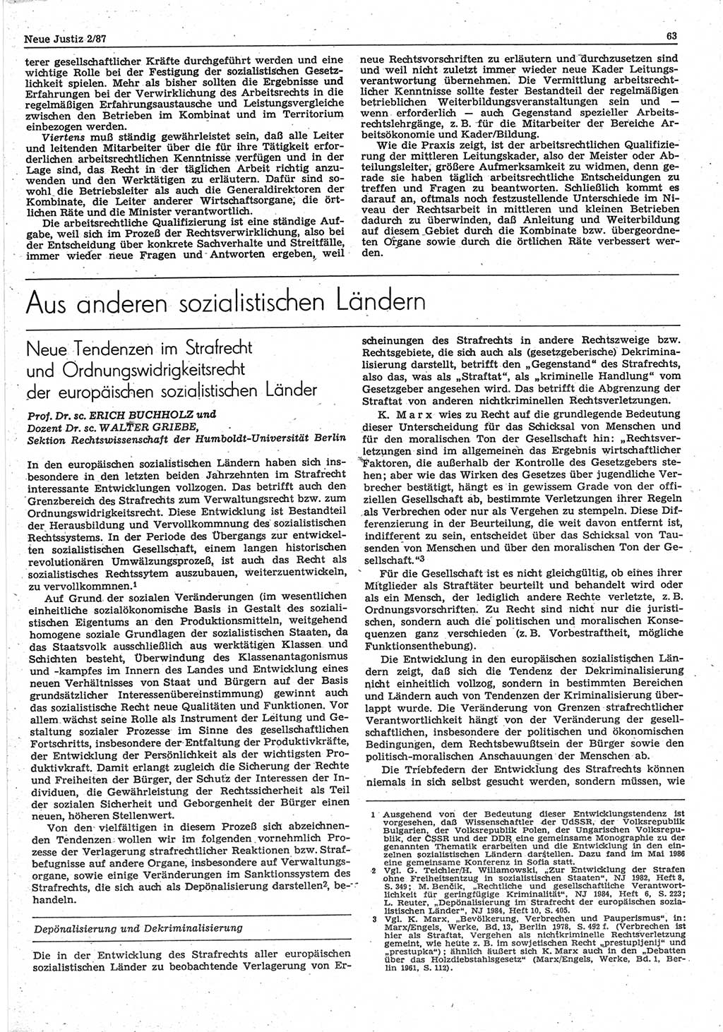 Neue Justiz (NJ), Zeitschrift für sozialistisches Recht und Gesetzlichkeit [Deutsche Demokratische Republik (DDR)], 41. Jahrgang 1987, Seite 63 (NJ DDR 1987, S. 63)