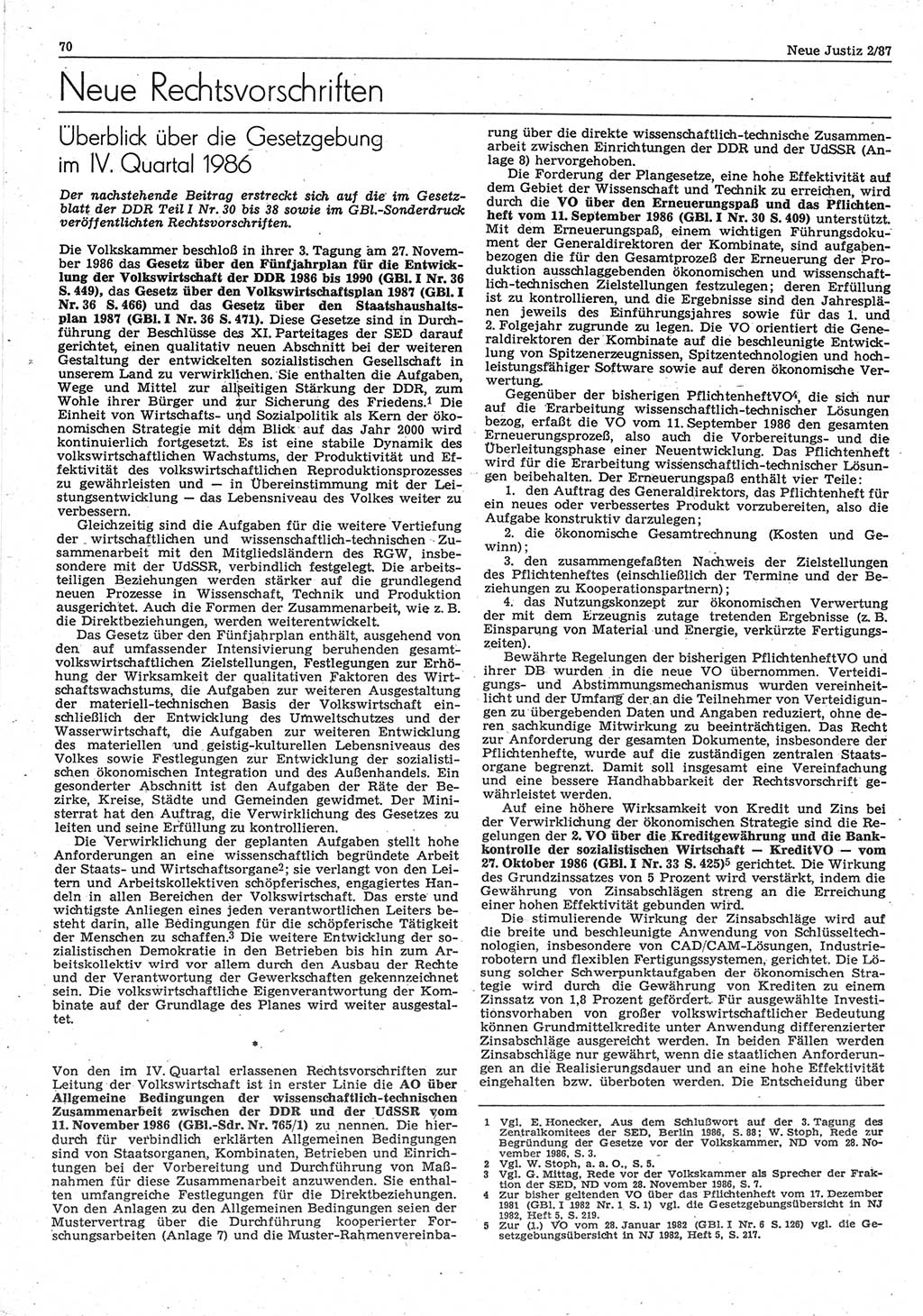 Neue Justiz (NJ), Zeitschrift für sozialistisches Recht und Gesetzlichkeit [Deutsche Demokratische Republik (DDR)], 41. Jahrgang 1987, Seite 70 (NJ DDR 1987, S. 70)