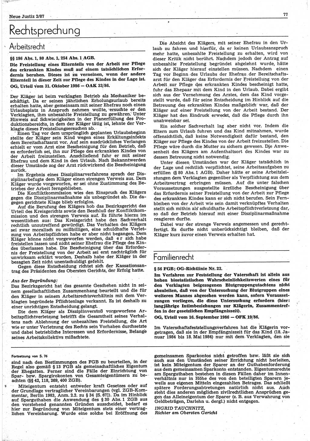 Neue Justiz (NJ), Zeitschrift für sozialistisches Recht und Gesetzlichkeit [Deutsche Demokratische Republik (DDR)], 41. Jahrgang 1987, Seite 77 (NJ DDR 1987, S. 77)