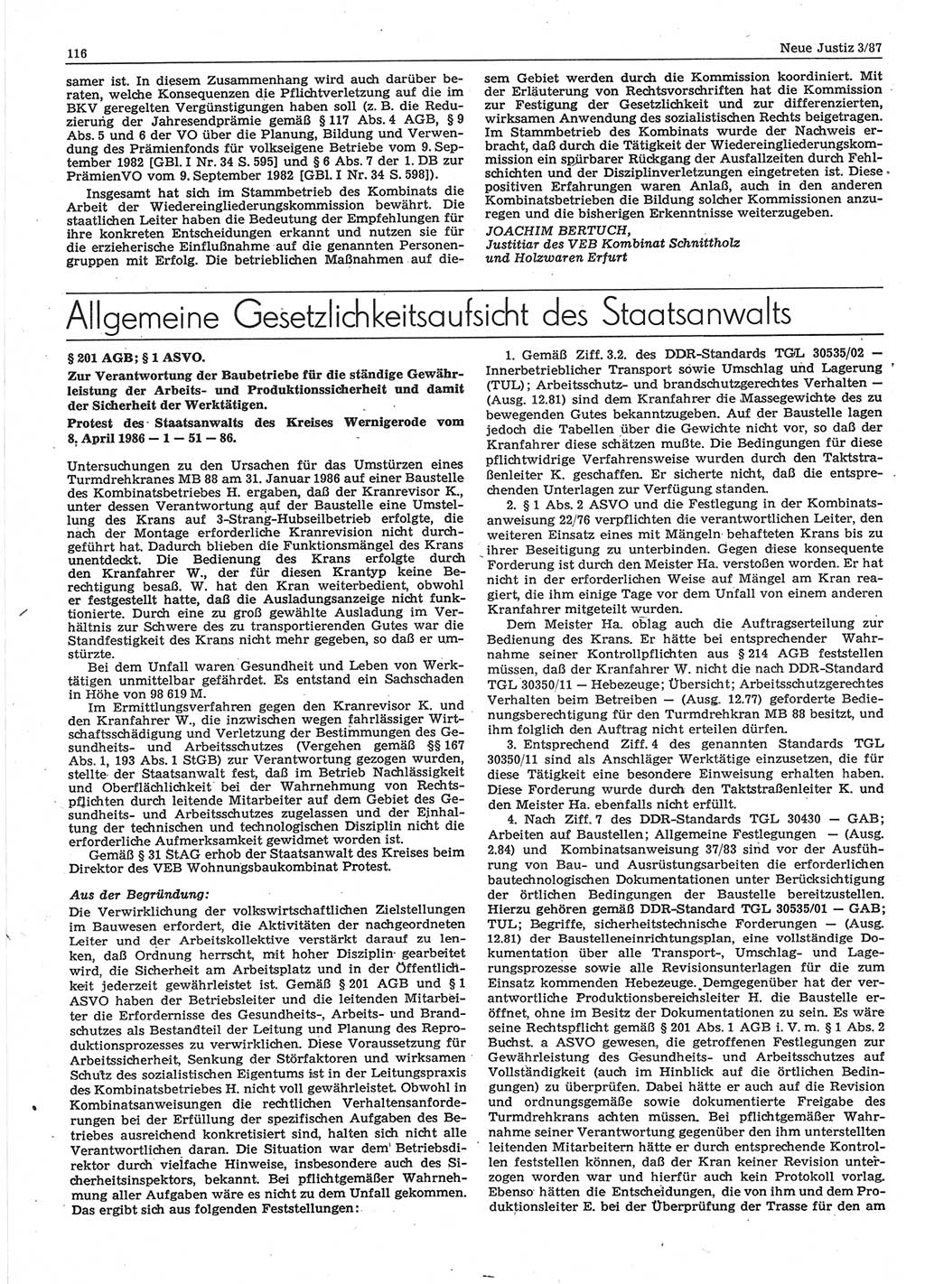Neue Justiz (NJ), Zeitschrift für sozialistisches Recht und Gesetzlichkeit [Deutsche Demokratische Republik (DDR)], 41. Jahrgang 1987, Seite 116 (NJ DDR 1987, S. 116)