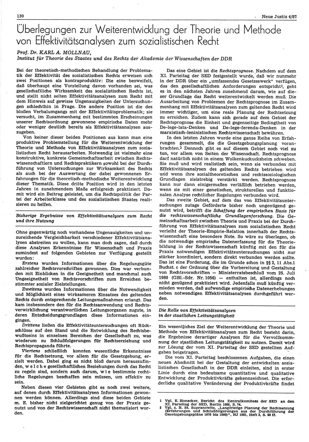 Neue Justiz (NJ), Zeitschrift für sozialistisches Recht und Gesetzlichkeit [Deutsche Demokratische Republik (DDR)], 41. Jahrgang 1987, Seite 130 (NJ DDR 1987, S. 130)