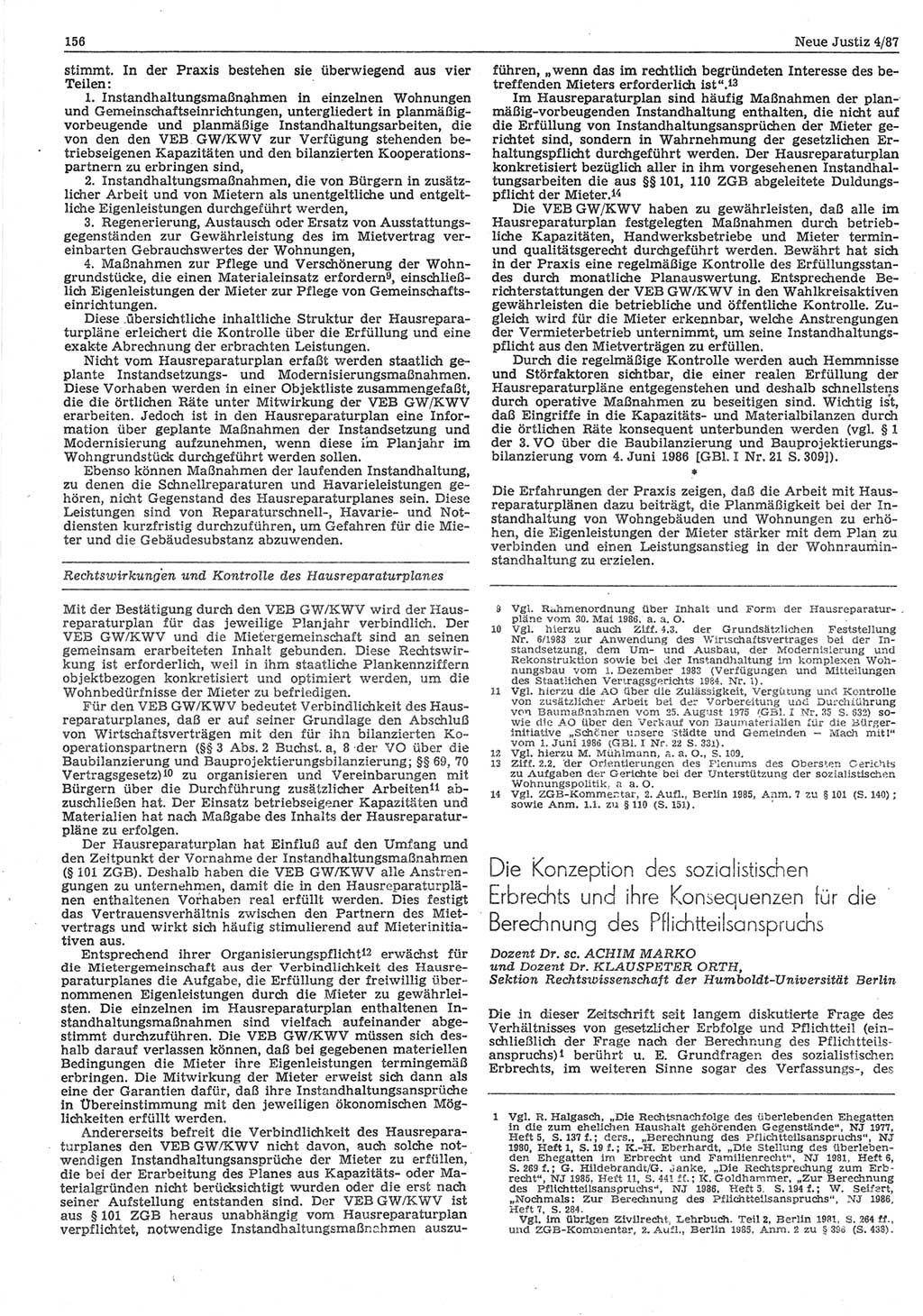Neue Justiz (NJ), Zeitschrift für sozialistisches Recht und Gesetzlichkeit [Deutsche Demokratische Republik (DDR)], 41. Jahrgang 1987, Seite 156 (NJ DDR 1987, S. 156)