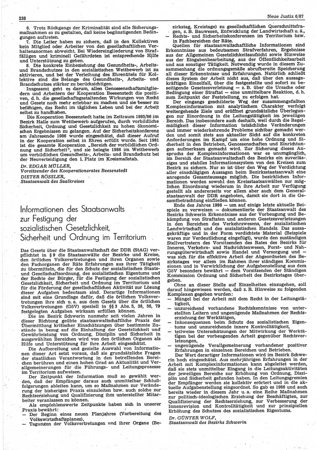 Neue Justiz (NJ), Zeitschrift für sozialistisches Recht und Gesetzlichkeit [Deutsche Demokratische Republik (DDR)], 41. Jahrgang 1987, Seite 238 (NJ DDR 1987, S. 238)