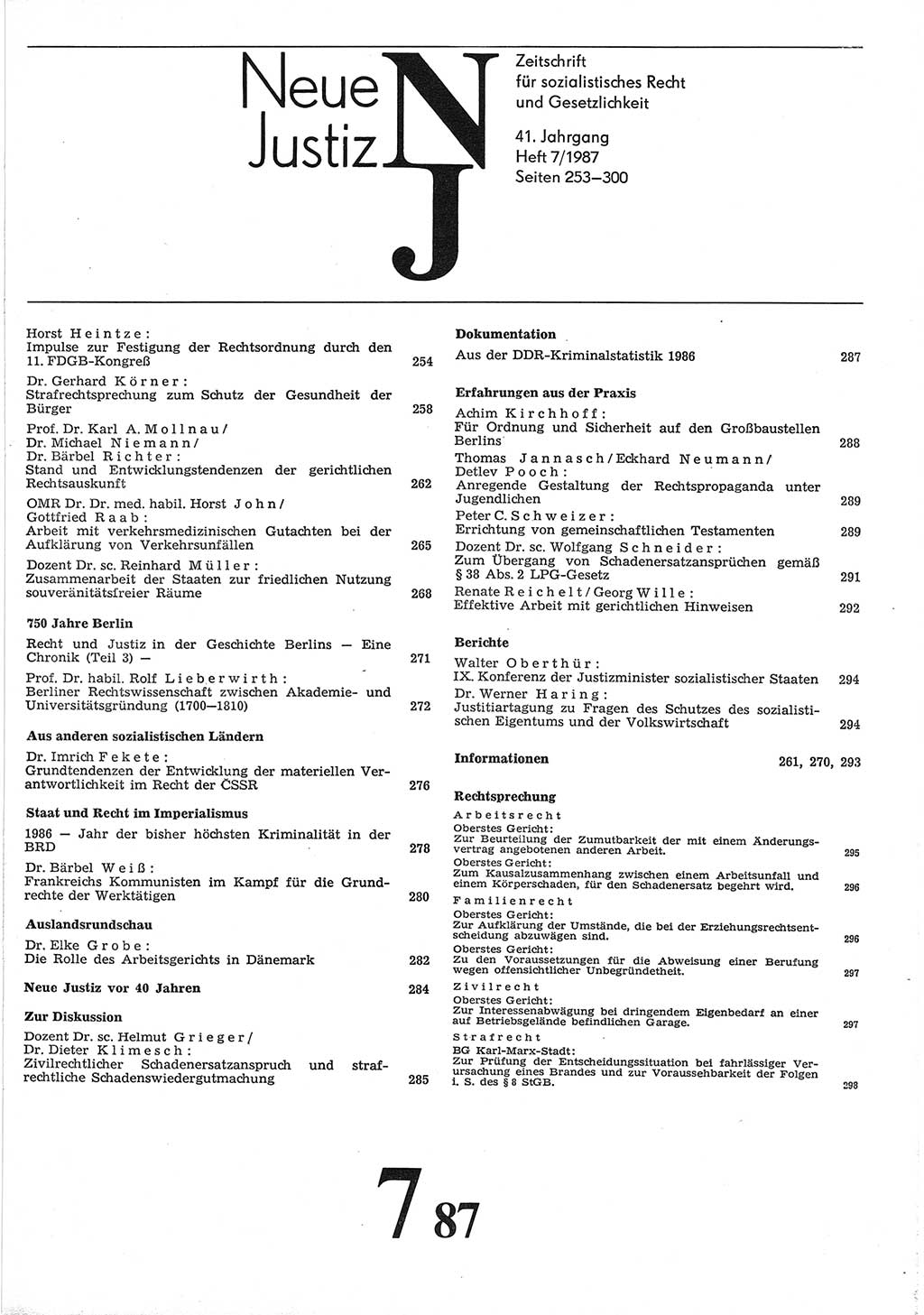 Neue Justiz (NJ), Zeitschrift für sozialistisches Recht und Gesetzlichkeit [Deutsche Demokratische Republik (DDR)], 41. Jahrgang 1987, Seite 253 (NJ DDR 1987, S. 253)