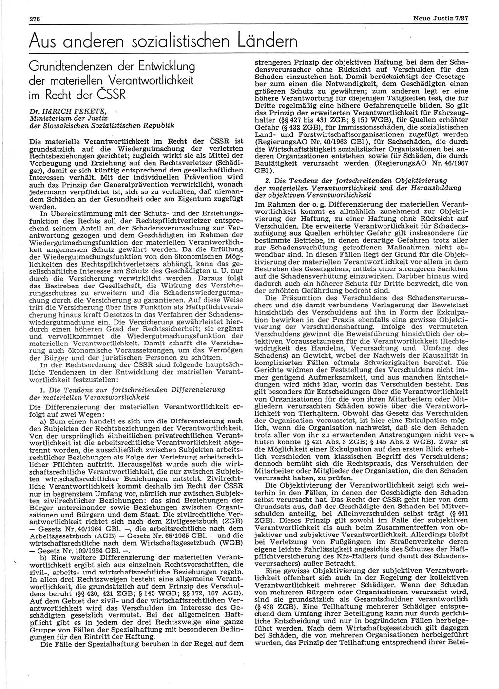 Neue Justiz (NJ), Zeitschrift für sozialistisches Recht und Gesetzlichkeit [Deutsche Demokratische Republik (DDR)], 41. Jahrgang 1987, Seite 276 (NJ DDR 1987, S. 276)