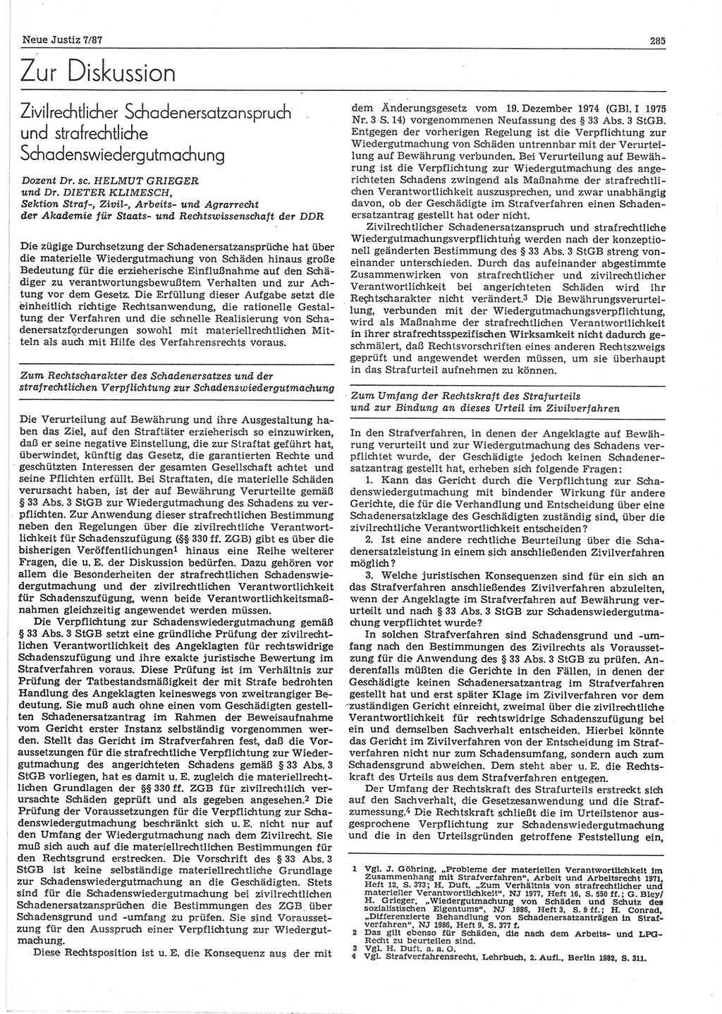 Neue Justiz (NJ), Zeitschrift für sozialistisches Recht und Gesetzlichkeit [Deutsche Demokratische Republik (DDR)], 41. Jahrgang 1987, Seite 285 (NJ DDR 1987, S. 285)