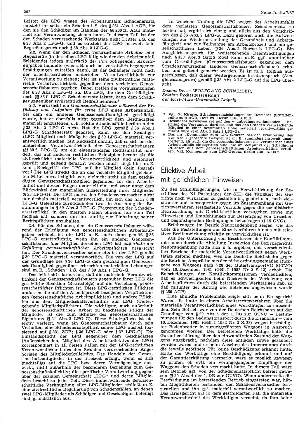 Neue Justiz (NJ), Zeitschrift für sozialistisches Recht und Gesetzlichkeit [Deutsche Demokratische Republik (DDR)], 41. Jahrgang 1987, Seite 292 (NJ DDR 1987, S. 292)
