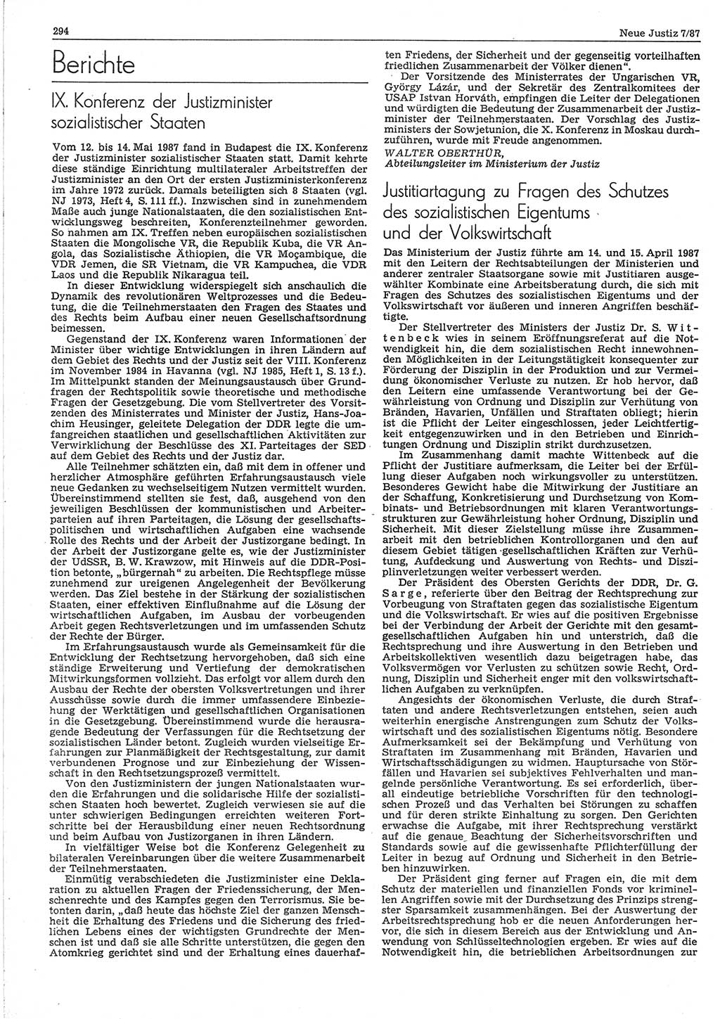 Neue Justiz (NJ), Zeitschrift für sozialistisches Recht und Gesetzlichkeit [Deutsche Demokratische Republik (DDR)], 41. Jahrgang 1987, Seite 294 (NJ DDR 1987, S. 294)