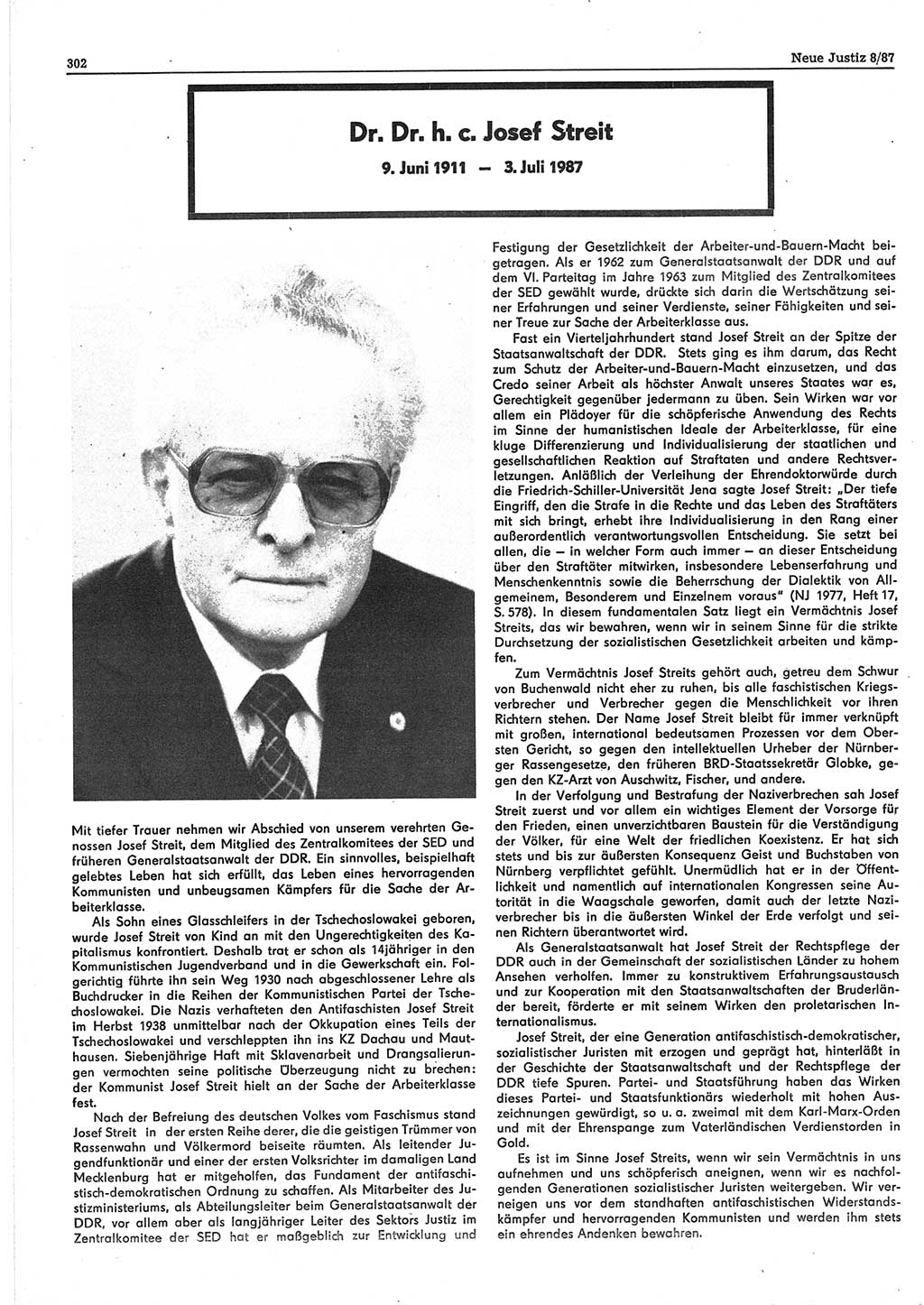 Neue Justiz (NJ), Zeitschrift für sozialistisches Recht und Gesetzlichkeit [Deutsche Demokratische Republik (DDR)], 41. Jahrgang 1987, Seite 302 (NJ DDR 1987, S. 302)