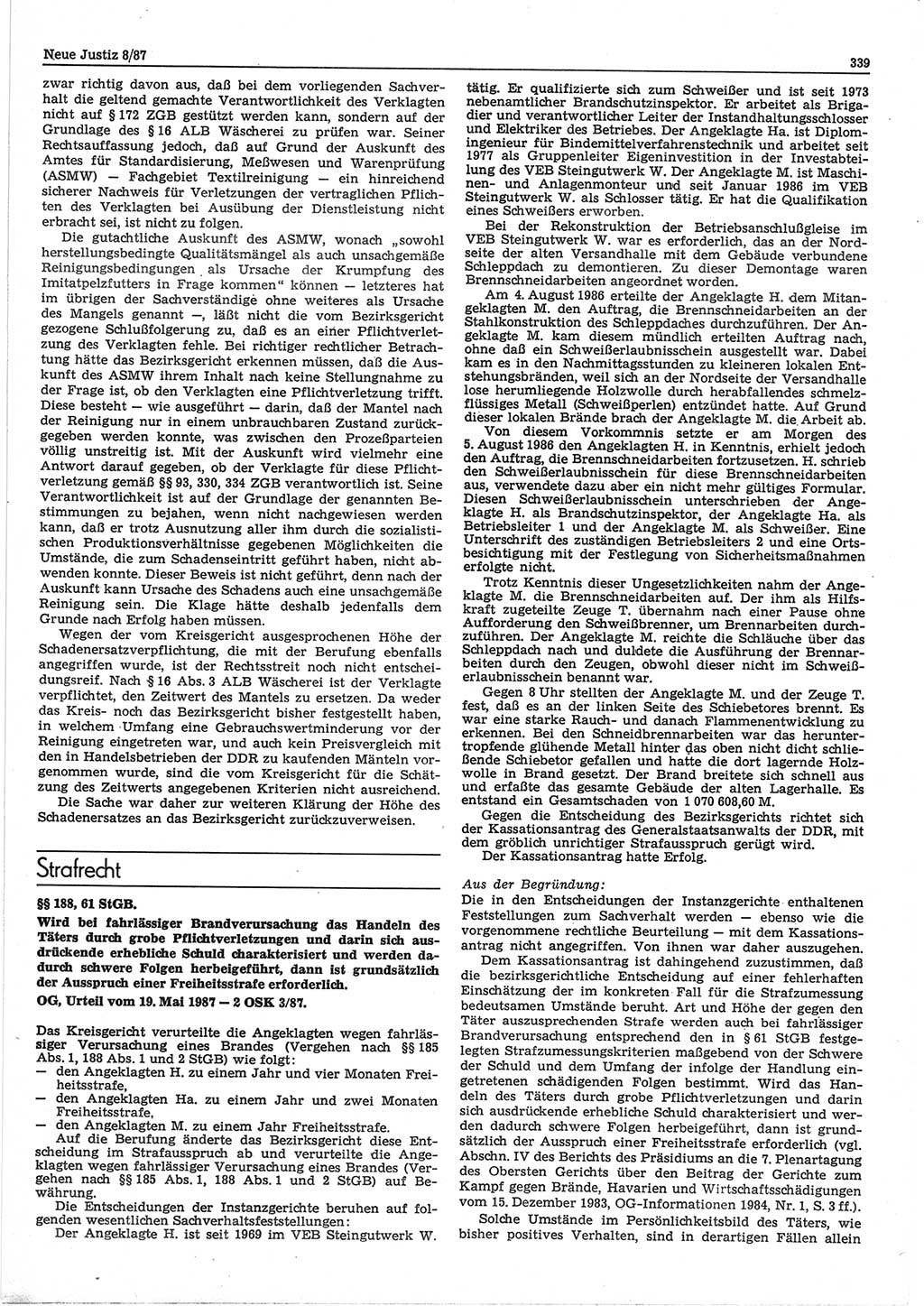 Neue Justiz (NJ), Zeitschrift für sozialistisches Recht und Gesetzlichkeit [Deutsche Demokratische Republik (DDR)], 41. Jahrgang 1987, Seite 339 (NJ DDR 1987, S. 339)