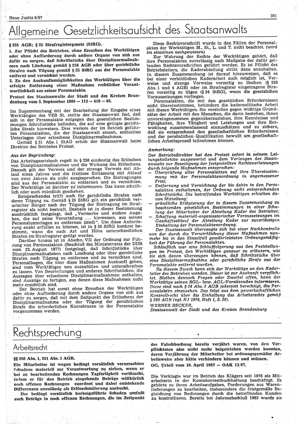 Neue Justiz (NJ), Zeitschrift für sozialistisches Recht und Gesetzlichkeit [Deutsche Demokratische Republik (DDR)], 41. Jahrgang 1987, Seite 381 (NJ DDR 1987, S. 381)