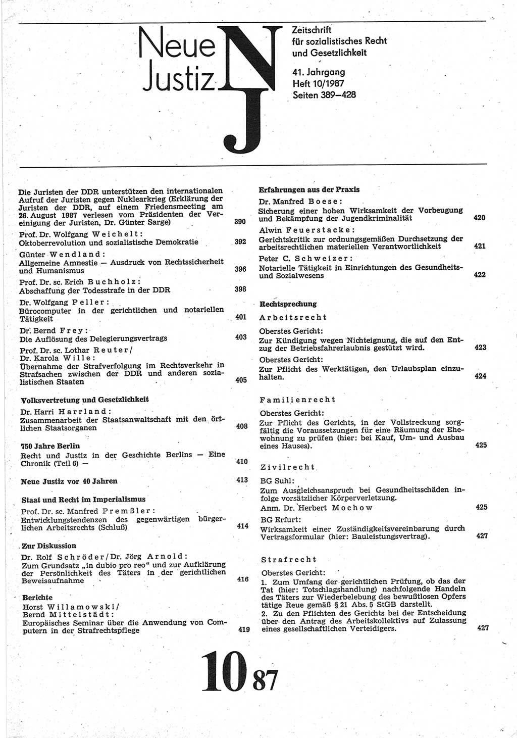 Neue Justiz (NJ), Zeitschrift für sozialistisches Recht und Gesetzlichkeit [Deutsche Demokratische Republik (DDR)], 41. Jahrgang 1987, Seite 389 (NJ DDR 1987, S. 389)