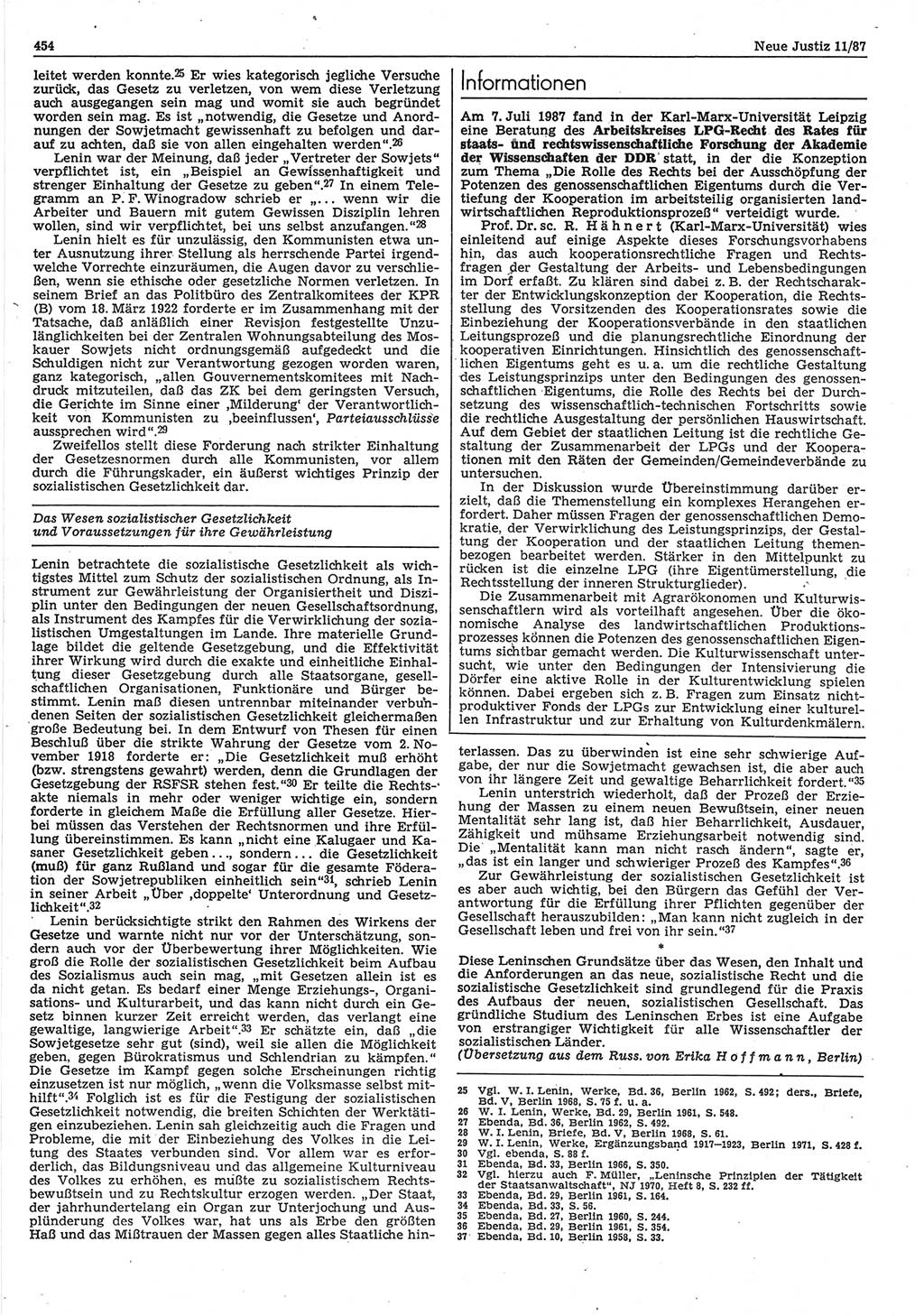 Neue Justiz (NJ), Zeitschrift für sozialistisches Recht und Gesetzlichkeit [Deutsche Demokratische Republik (DDR)], 41. Jahrgang 1987, Seite 454 (NJ DDR 1987, S. 454)