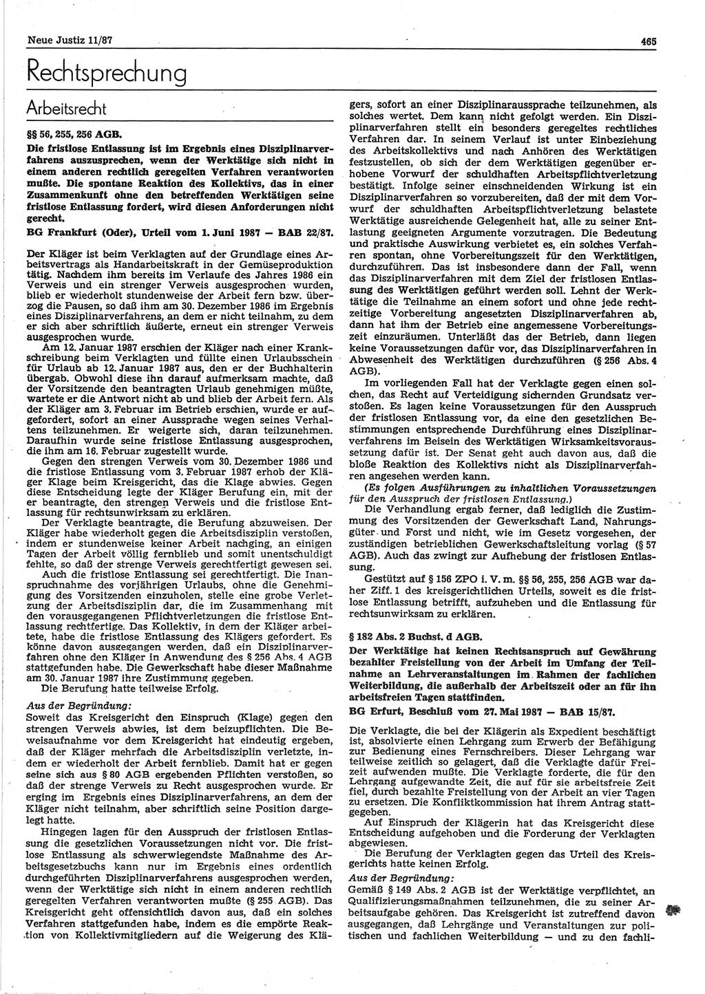 Neue Justiz (NJ), Zeitschrift für sozialistisches Recht und Gesetzlichkeit [Deutsche Demokratische Republik (DDR)], 41. Jahrgang 1987, Seite 465 (NJ DDR 1987, S. 465)