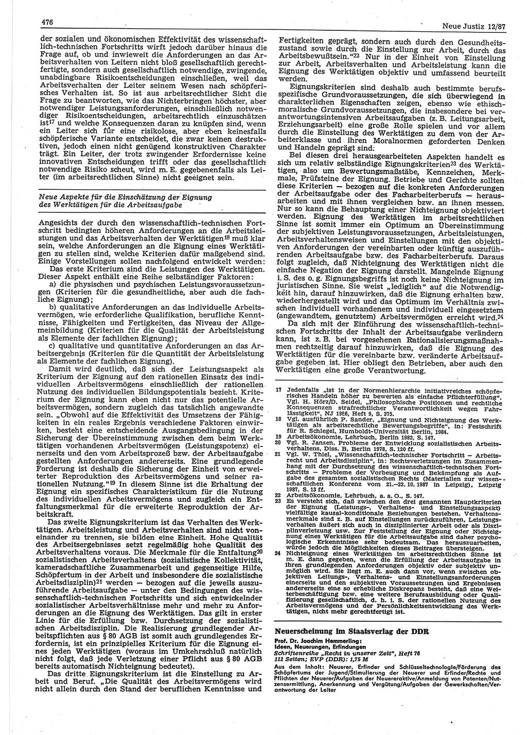 Neue Justiz (NJ), Zeitschrift für sozialistisches Recht und Gesetzlichkeit [Deutsche Demokratische Republik (DDR)], 41. Jahrgang 1987, Seite 476 (NJ DDR 1987, S. 476)