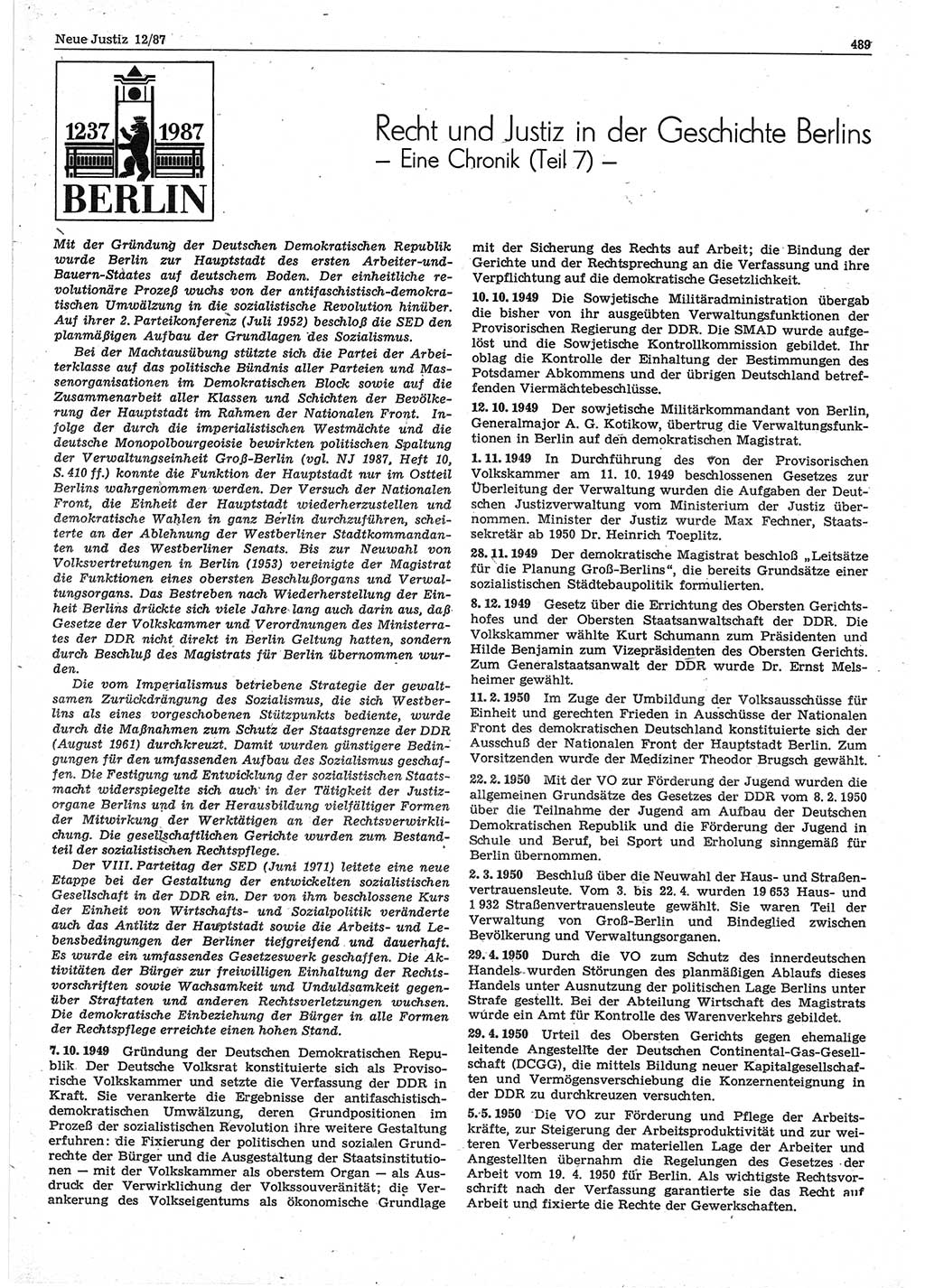 Neue Justiz (NJ), Zeitschrift für sozialistisches Recht und Gesetzlichkeit [Deutsche Demokratische Republik (DDR)], 41. Jahrgang 1987, Seite 489 (NJ DDR 1987, S. 489)