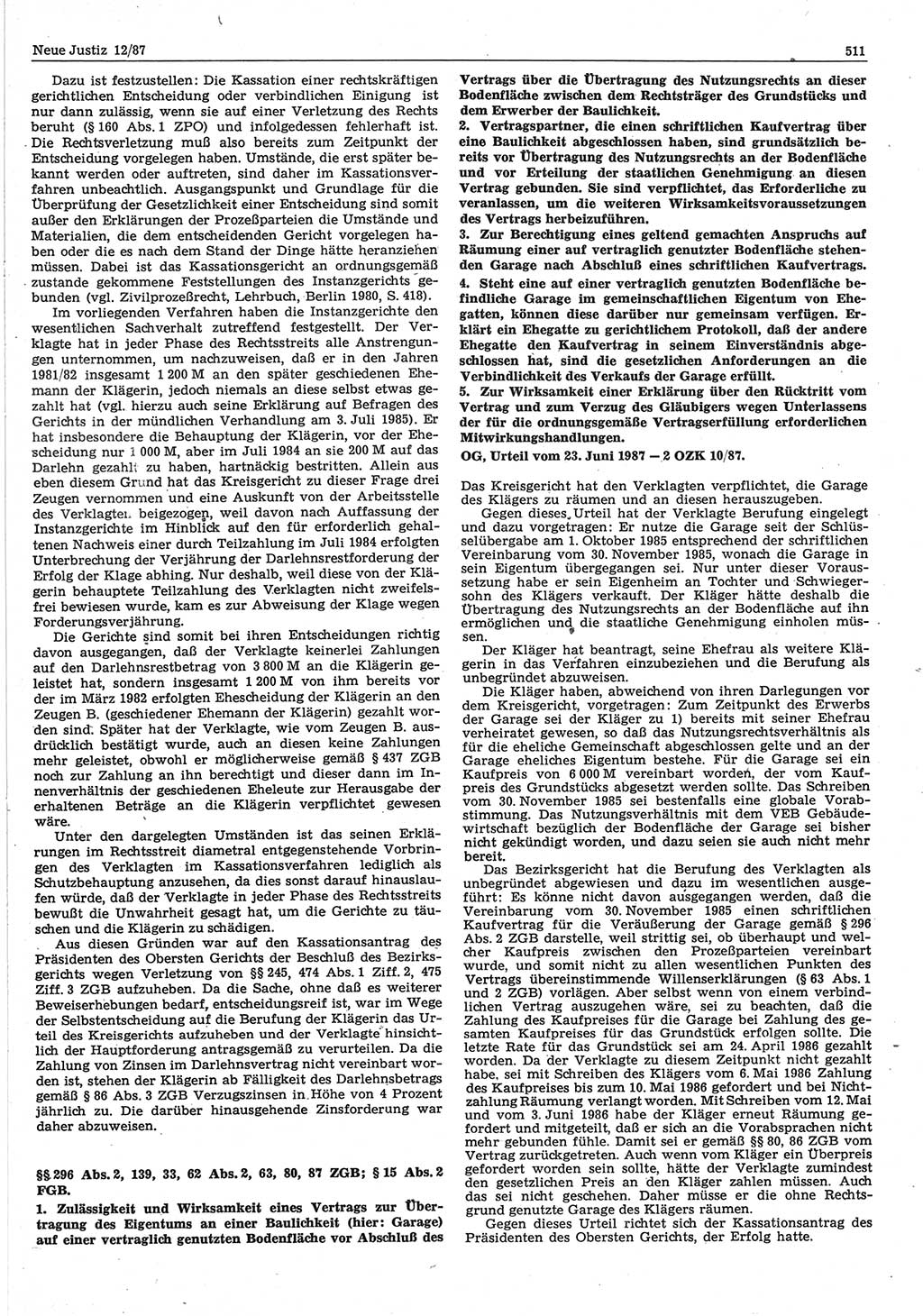 Neue Justiz (NJ), Zeitschrift für sozialistisches Recht und Gesetzlichkeit [Deutsche Demokratische Republik (DDR)], 41. Jahrgang 1987, Seite 511 (NJ DDR 1987, S. 511)