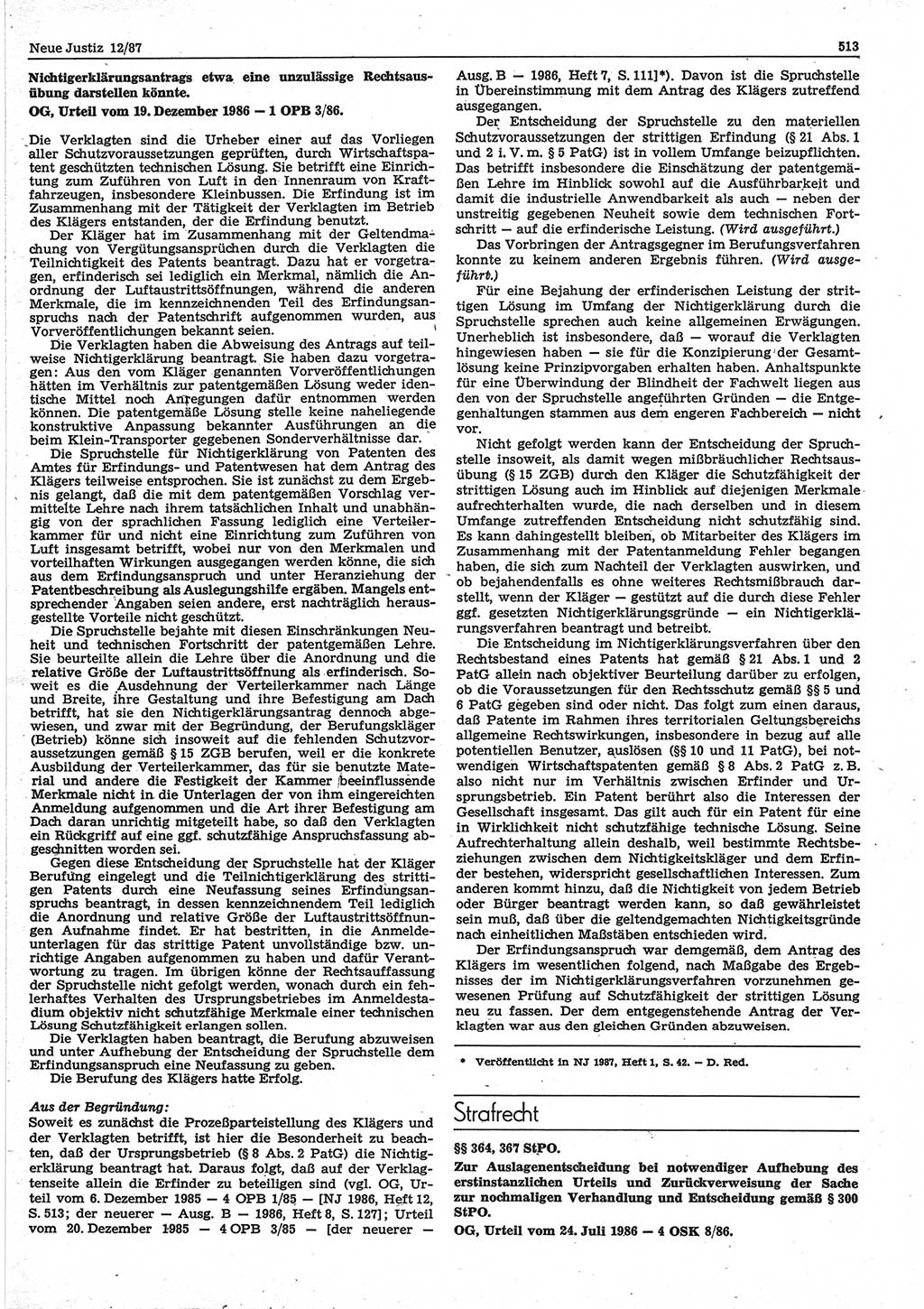 Neue Justiz (NJ), Zeitschrift für sozialistisches Recht und Gesetzlichkeit [Deutsche Demokratische Republik (DDR)], 41. Jahrgang 1987, Seite 513 (NJ DDR 1987, S. 513)