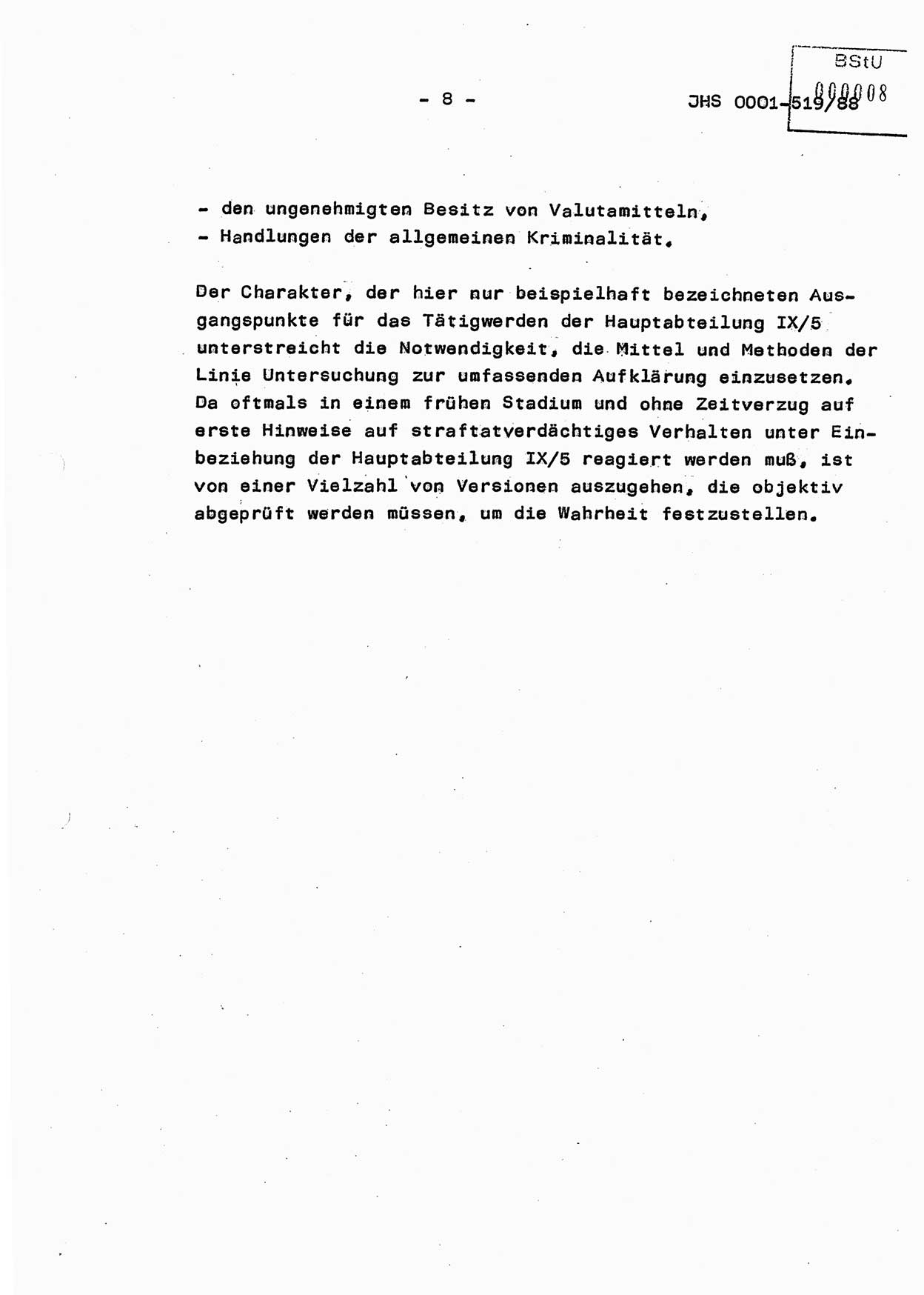 Diplomarbeit, Hauptmann Michael Eisermann (HA Ⅸ/5), Ministerium für Staatssicherheit (MfS) [Deutsche Demokratische Republik (DDR)], Juristische Hochschule (JHS), Vertrauliche Verschlußsache (VVS) o001-519/88, Potsdam 1988, Seite 8 (Dipl.-Arb. MfS DDR JHS VVS o001-519/88 1988, S. 8)