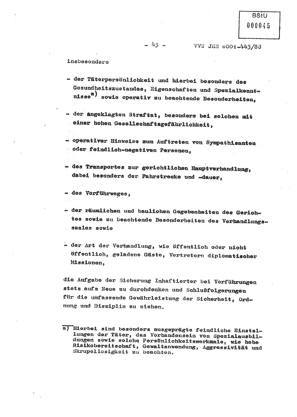 Diplomarbeit Hauptmann Michael Rast (Abt. ⅩⅣ), Major Bernd Rahaus (Abt. ⅩⅣ), Ministerium für Staatssicherheit (MfS) [Deutsche Demokratische Republik (DDR)], Juristische Hochschule (JHS), Vertrauliche Verschlußsache (VVS) o001-443/88, Potsdam 1988, Seite 45 (Dipl.-Arb. MfS DDR JHS VVS o001-443/88 1988, S. 45)