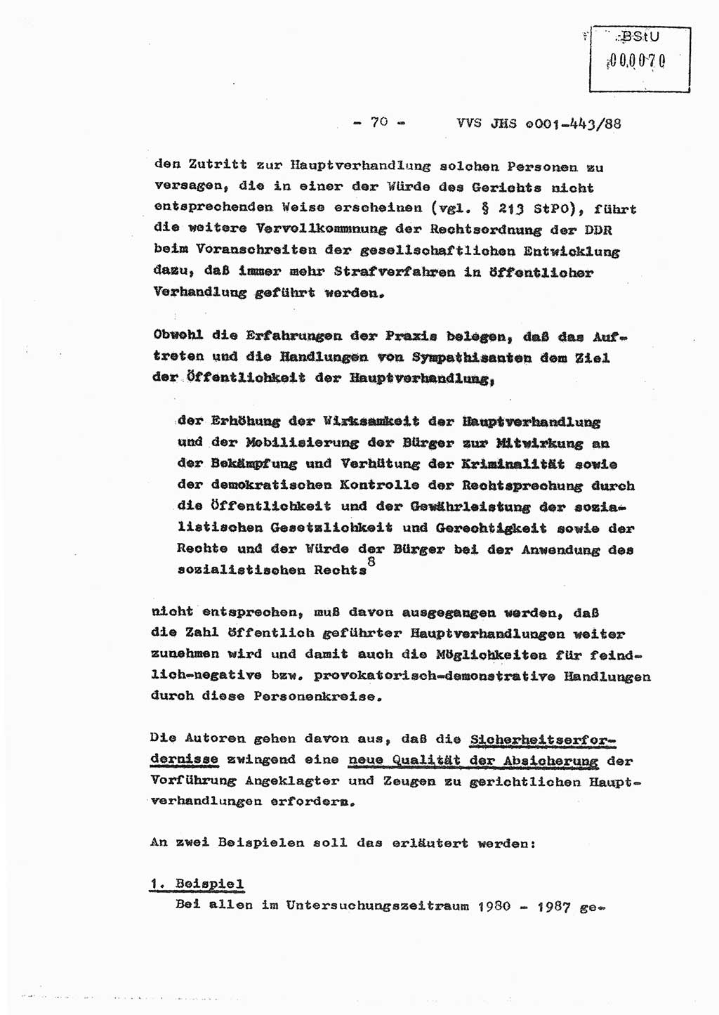 Diplomarbeit Hauptmann Michael Rast (Abt. ⅩⅣ), Major Bernd Rahaus (Abt. ⅩⅣ), Ministerium für Staatssicherheit (MfS) [Deutsche Demokratische Republik (DDR)], Juristische Hochschule (JHS), Vertrauliche Verschlußsache (VVS) o001-443/88, Potsdam 1988, Seite 70 (Dipl.-Arb. MfS DDR JHS VVS o001-443/88 1988, S. 70)
