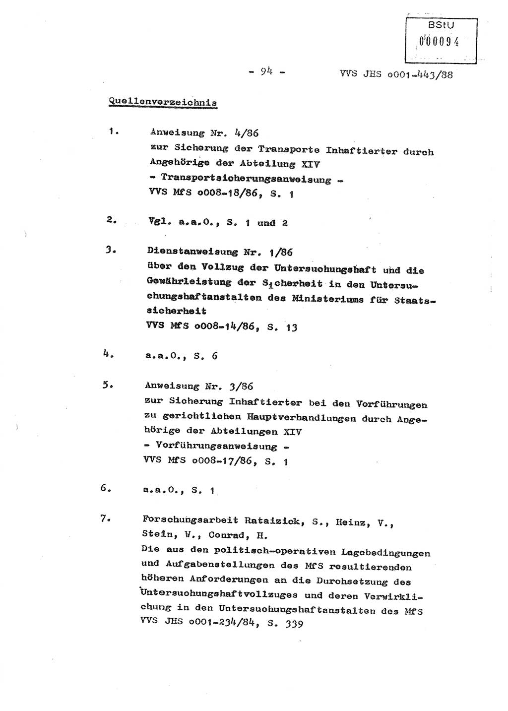 Diplomarbeit Hauptmann Michael Rast (Abt. ⅩⅣ), Major Bernd Rahaus (Abt. ⅩⅣ), Ministerium für Staatssicherheit (MfS) [Deutsche Demokratische Republik (DDR)], Juristische Hochschule (JHS), Vertrauliche Verschlußsache (VVS) o001-443/88, Potsdam 1988, Seite 94 (Dipl.-Arb. MfS DDR JHS VVS o001-443/88 1988, S. 94)