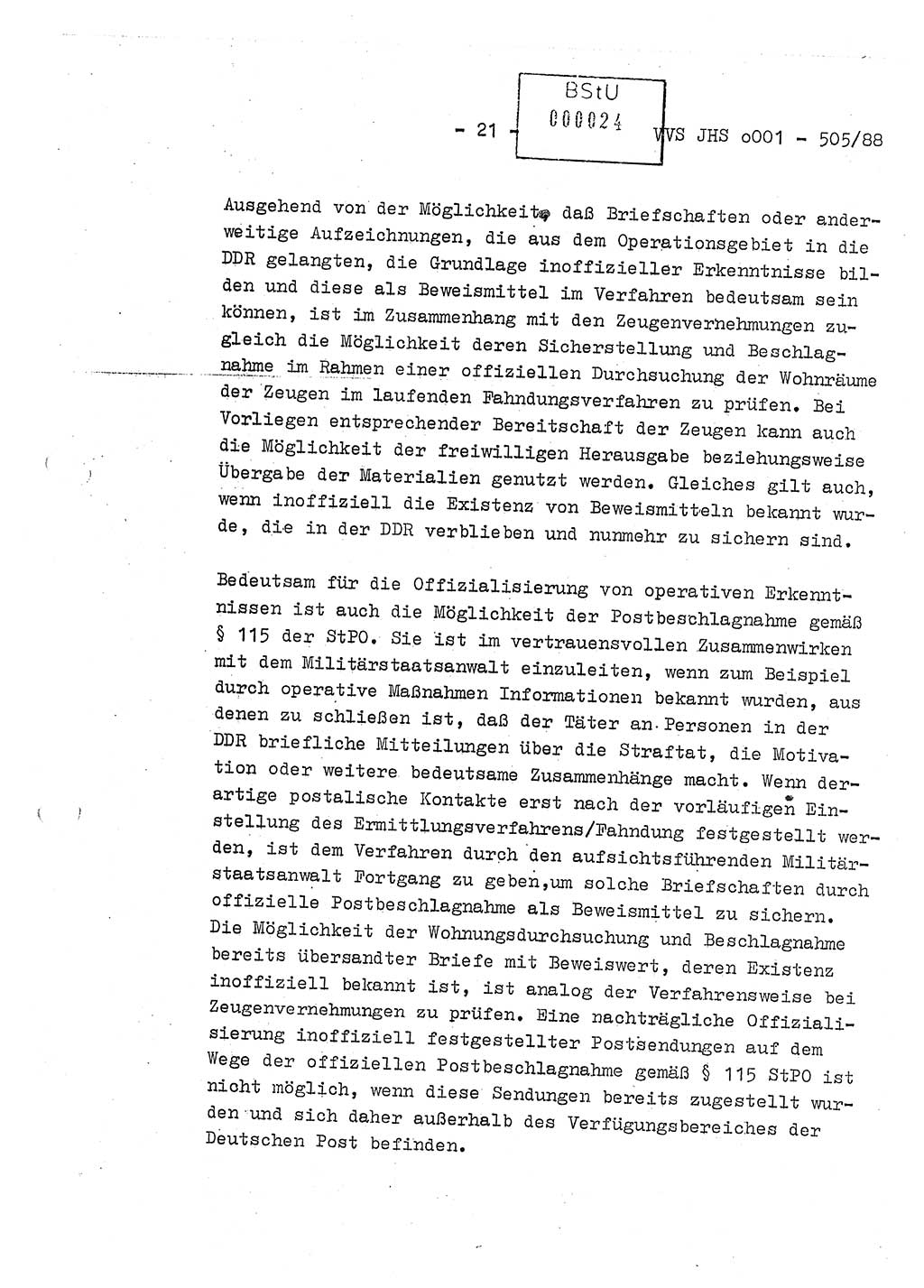 Diplomarbeit Leutnant Frank Schulze (HA Ⅸ/9), Ministerium für Staatssicherheit (MfS) [Deutsche Demokratische Republik (DDR)], Juristische Hochschule (JHS), Vertrauliche Verschlußsache (VVS) o001-505/88, Potsdam 1988, Seite 21 (Dipl.-Arb. MfS DDR JHS VVS o001-505/88 1988, S. 21)