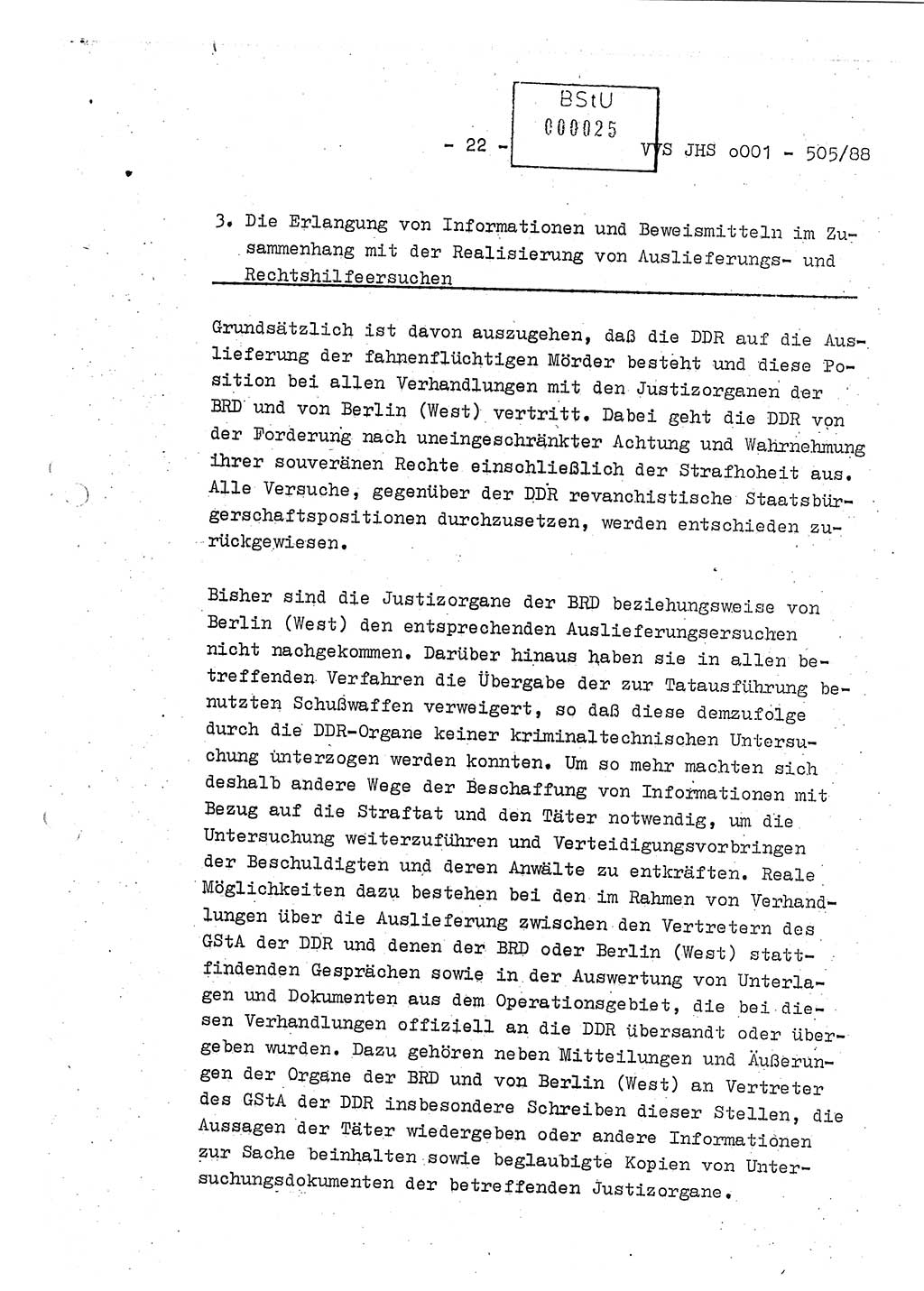 Diplomarbeit Leutnant Frank Schulze (HA Ⅸ/9), Ministerium für Staatssicherheit (MfS) [Deutsche Demokratische Republik (DDR)], Juristische Hochschule (JHS), Vertrauliche Verschlußsache (VVS) o001-505/88, Potsdam 1988, Seite 22 (Dipl.-Arb. MfS DDR JHS VVS o001-505/88 1988, S. 22)