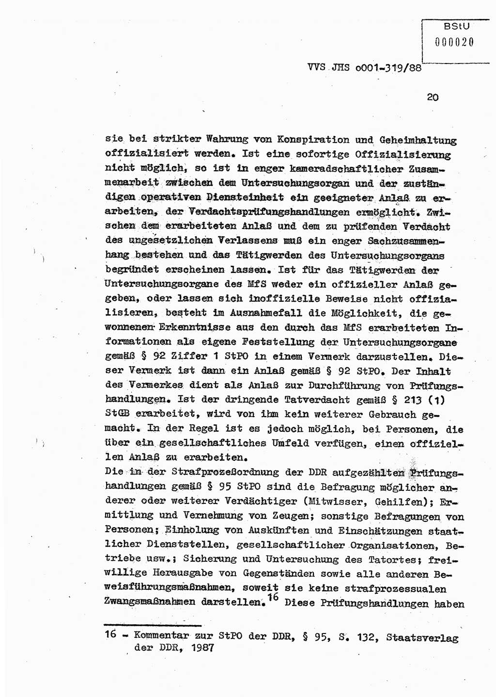 Diplomarbeit Offiziersschüler Holger Zirnstein (HA Ⅸ/9), Ministerium für Staatssicherheit (MfS) [Deutsche Demokratische Republik (DDR)], Juristische Hochschule (JHS), Vertrauliche Verschlußsache (VVS) o001-319/88, Potsdam 1988, Blatt 20 (Dipl.-Arb. MfS DDR JHS VVS o001-319/88 1988, Bl. 20)
