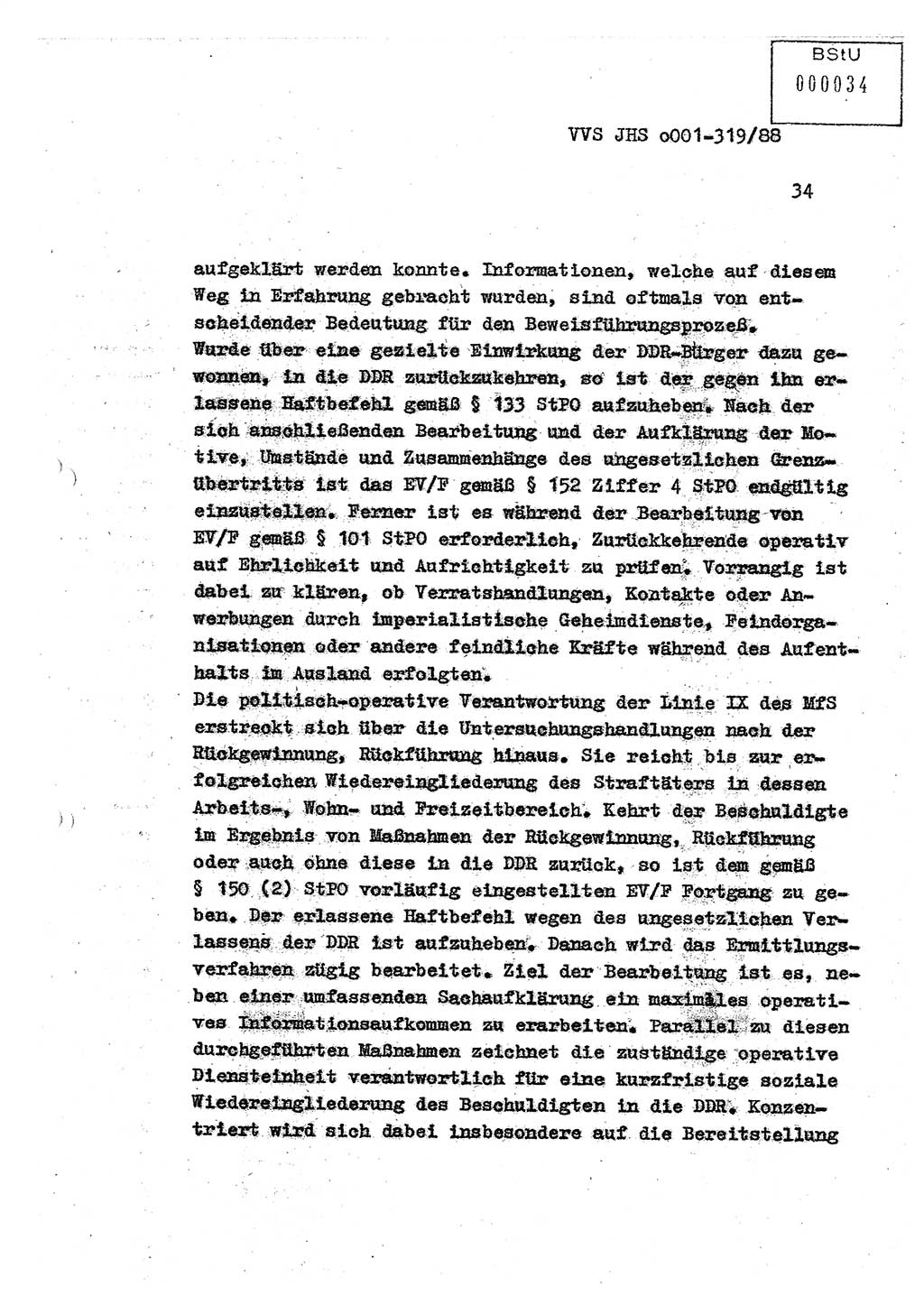 Diplomarbeit Offiziersschüler Holger Zirnstein (HA Ⅸ/9), Ministerium für Staatssicherheit (MfS) [Deutsche Demokratische Republik (DDR)], Juristische Hochschule (JHS), Vertrauliche Verschlußsache (VVS) o001-319/88, Potsdam 1988, Blatt 34 (Dipl.-Arb. MfS DDR JHS VVS o001-319/88 1988, Bl. 34)