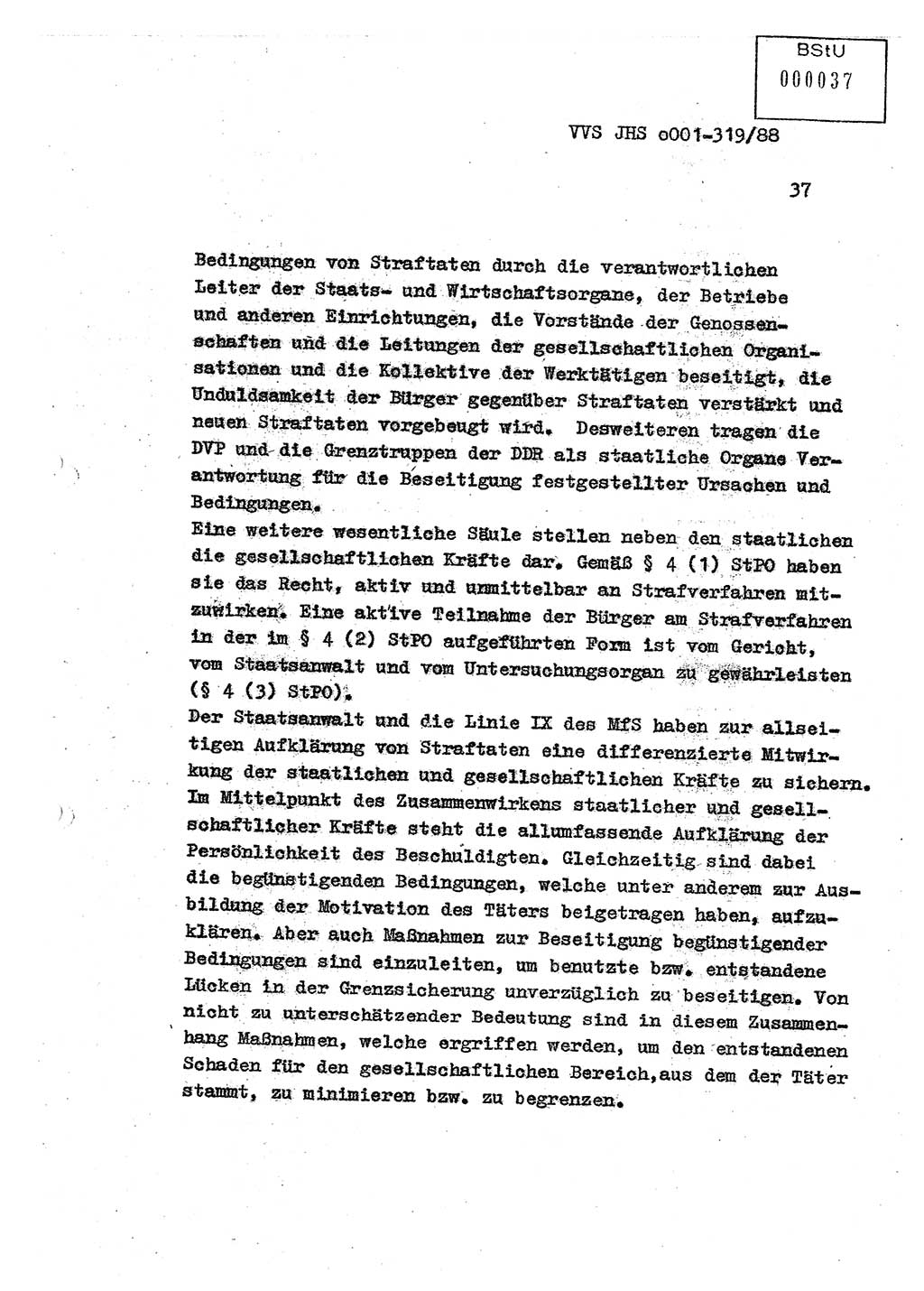 Diplomarbeit Offiziersschüler Holger Zirnstein (HA Ⅸ/9), Ministerium für Staatssicherheit (MfS) [Deutsche Demokratische Republik (DDR)], Juristische Hochschule (JHS), Vertrauliche Verschlußsache (VVS) o001-319/88, Potsdam 1988, Blatt 37 (Dipl.-Arb. MfS DDR JHS VVS o001-319/88 1988, Bl. 37)