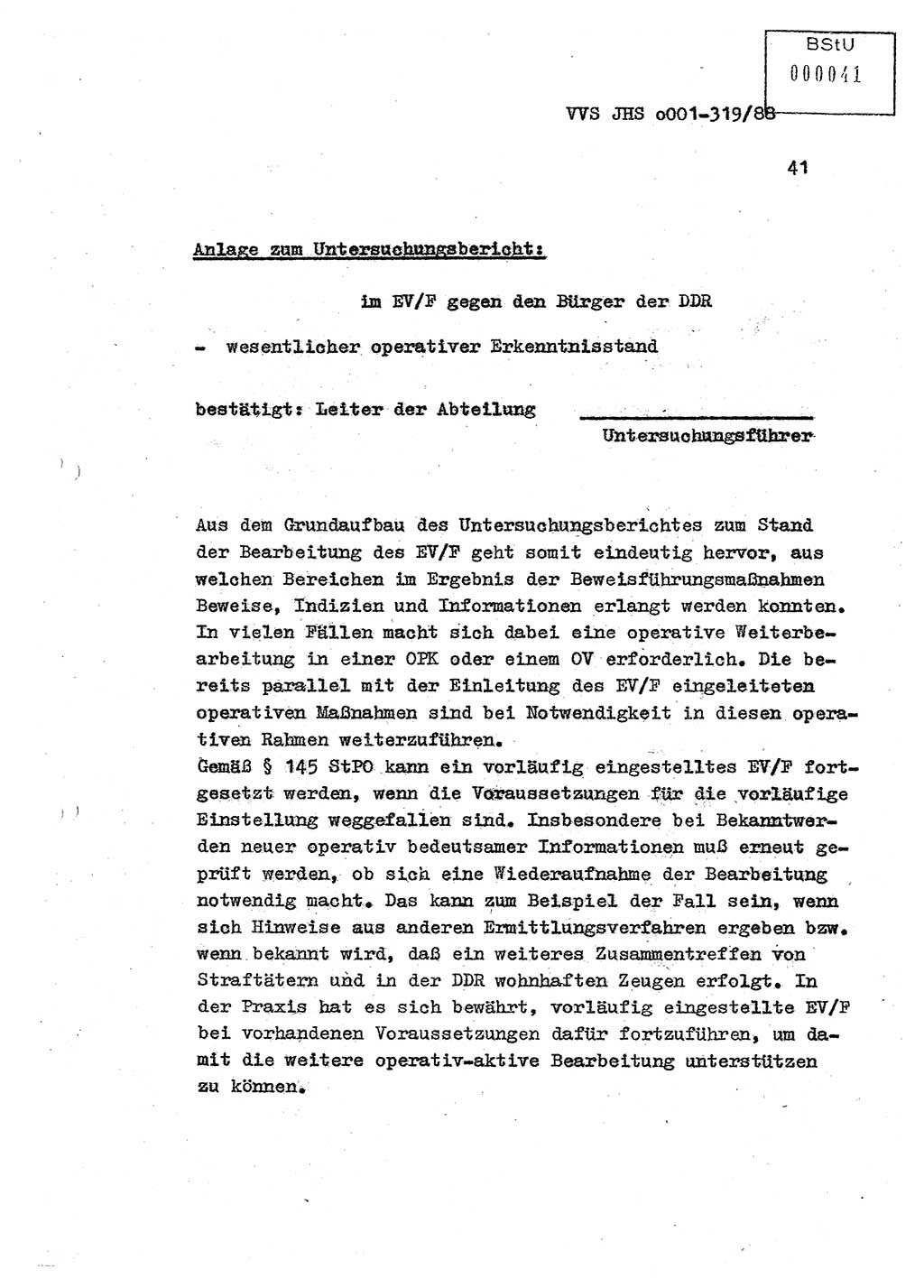 Diplomarbeit Offiziersschüler Holger Zirnstein (HA Ⅸ/9), Ministerium für Staatssicherheit (MfS) [Deutsche Demokratische Republik (DDR)], Juristische Hochschule (JHS), Vertrauliche Verschlußsache (VVS) o001-319/88, Potsdam 1988, Blatt 41 (Dipl.-Arb. MfS DDR JHS VVS o001-319/88 1988, Bl. 41)