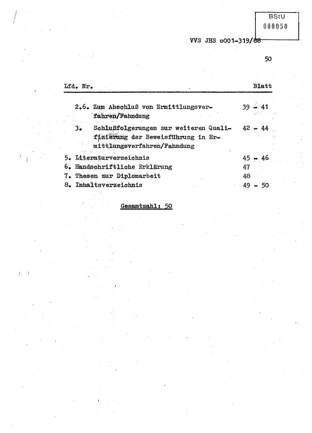 Diplomarbeit Offiziersschüler Holger Zirnstein (HA Ⅸ/9), Ministerium für Staatssicherheit (MfS) [Deutsche Demokratische Republik (DDR)], Juristische Hochschule (JHS), Vertrauliche Verschlußsache (VVS) o001-319/88, Potsdam 1988, Blatt 50 (Dipl.-Arb. MfS DDR JHS VVS o001-319/88 1988, Bl. 50)