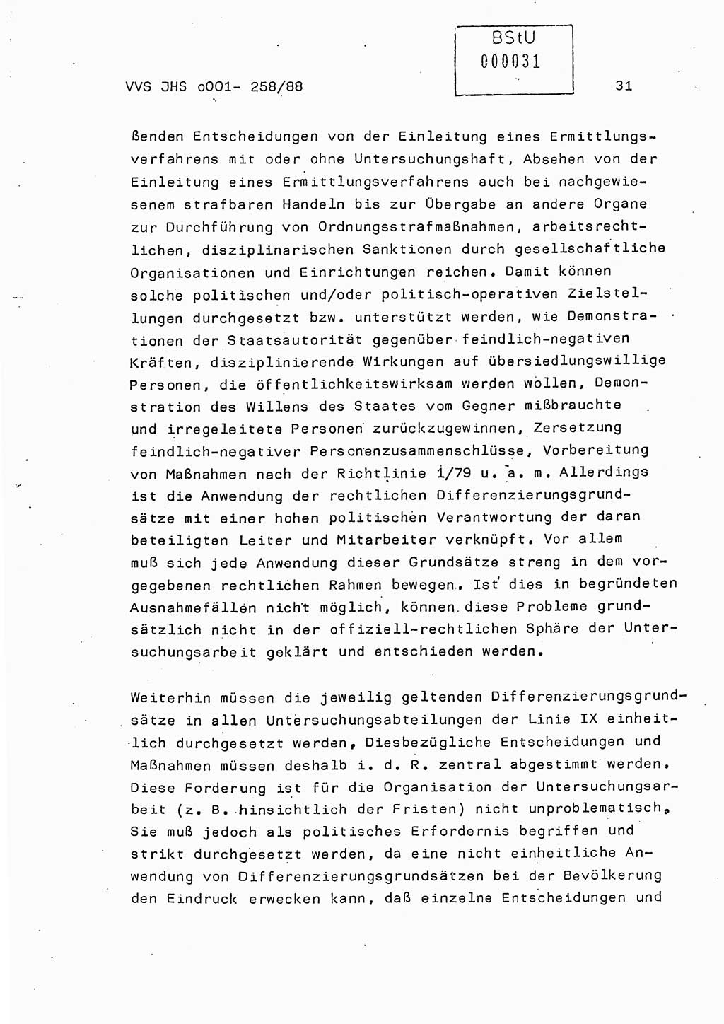 Dissertation, Oberleutnant Uwe Kärsten (JHS), Hauptmann Dr. Joachim Henkel (JHS), Oberstleutnant Werner Mählitz (Leiter der Abt. Ⅸ BV Rostock), Oberstleutnant Jürgen Tröge (HA Ⅸ/AKG), Oberstleutnant Winfried Ziegler (HA Ⅸ/9), Major Wolf-Rüdiger Wurzler (JHS), Ministerium für Staatssicherheit (MfS) [Deutsche Demokratische Republik (DDR)], Juristische Hochschule (JHS), Vertrauliche Verschlußsache (VVS) o001-258/88, Potsdam 1988, Seite 31 (Diss. MfS DDR JHS VVS o001-258/88 1988, S. 31)